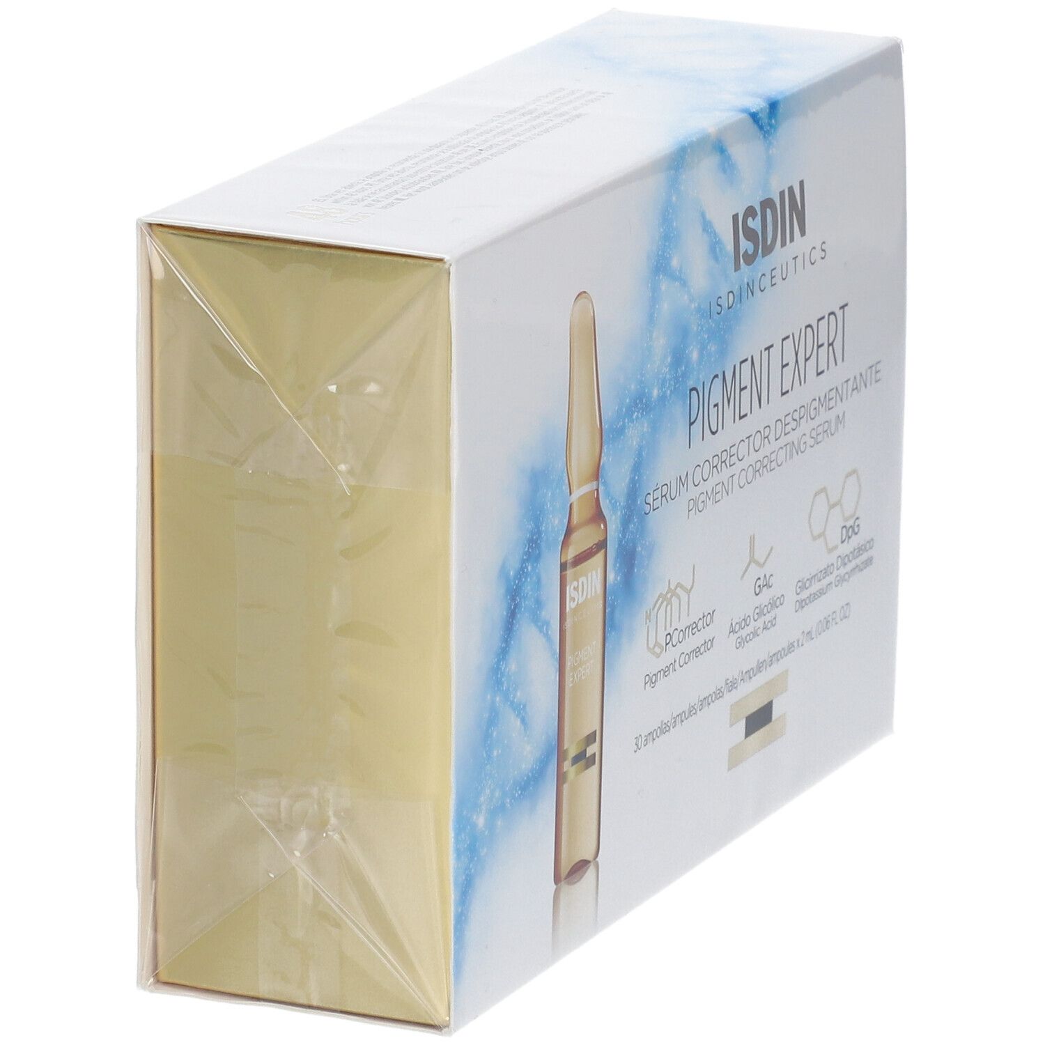 Boîte en biais avec ampoule. Inscription: ISDIN, PIGMENT EXPERT, Sérum Corrector Despigmentante. Emballé dans du film.