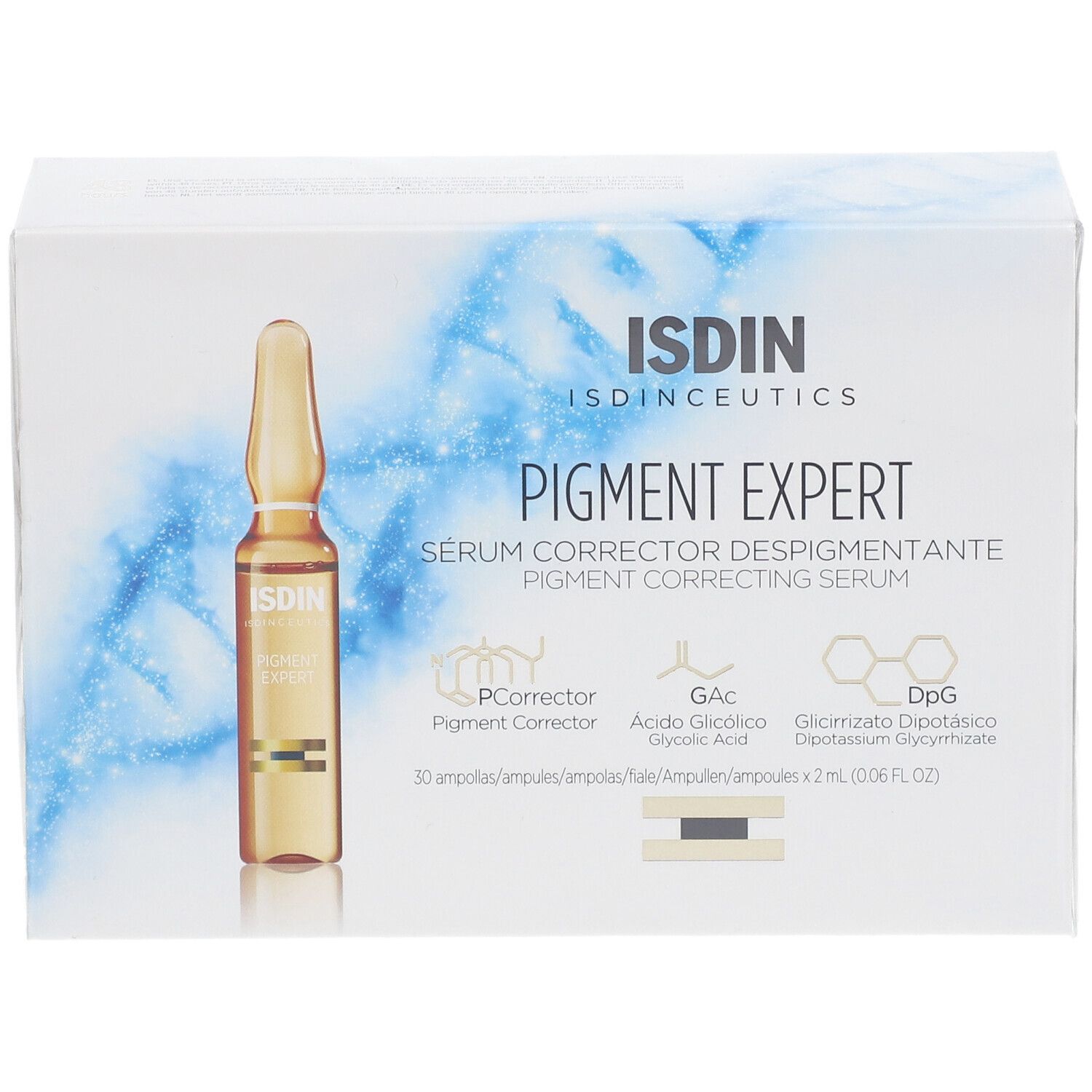 Boîte avec ampoule. Inscription: ISDIN, PIGMENT EXPERT, Sérum Corrector Despigmentante. Contient 30 ampoules.