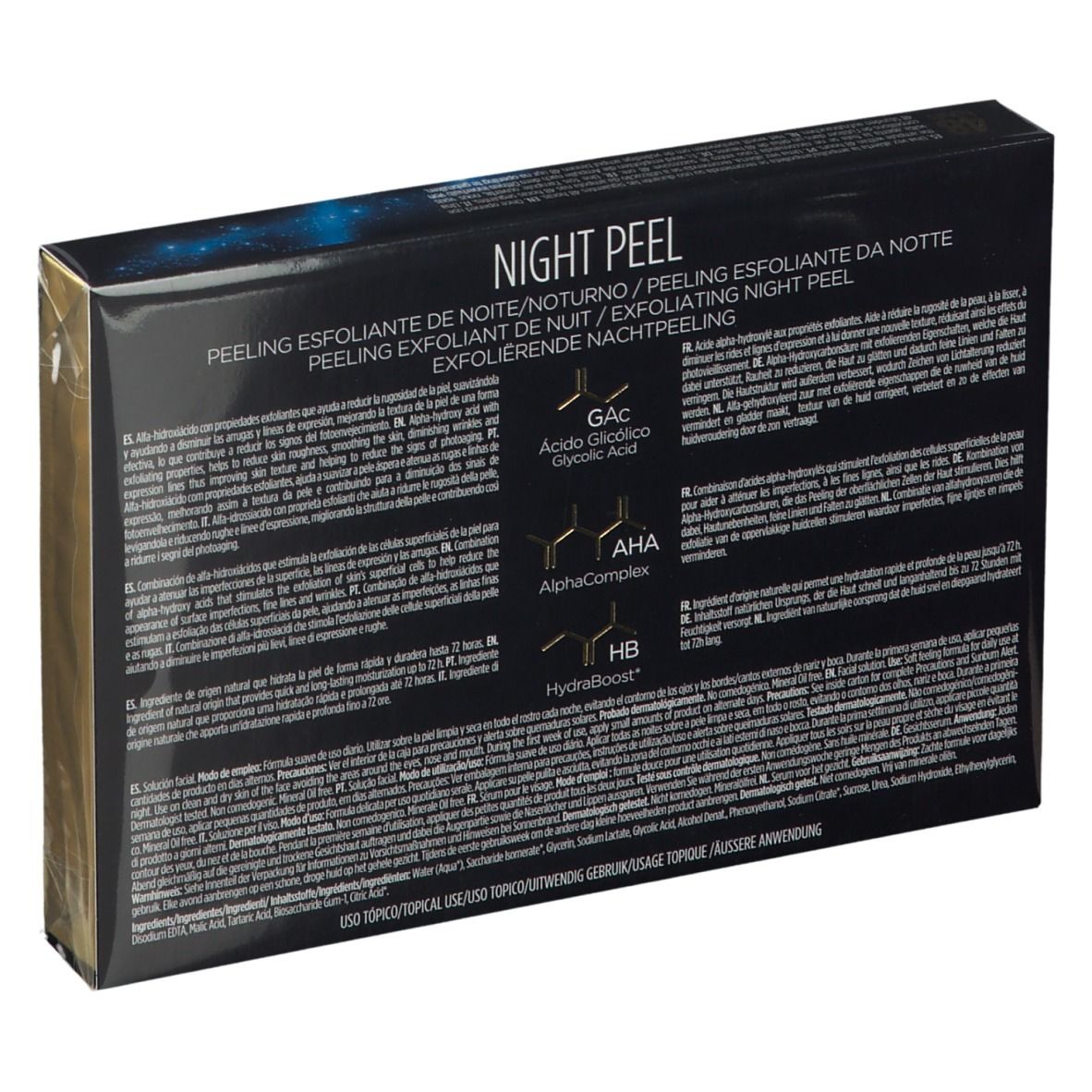 Dos de la boîte ISDINCEUTICS NIGHT PEEL. Texte multilingue. Ingrédients, instructions d'utilisation. Peeling Exfoliante de Nuit.