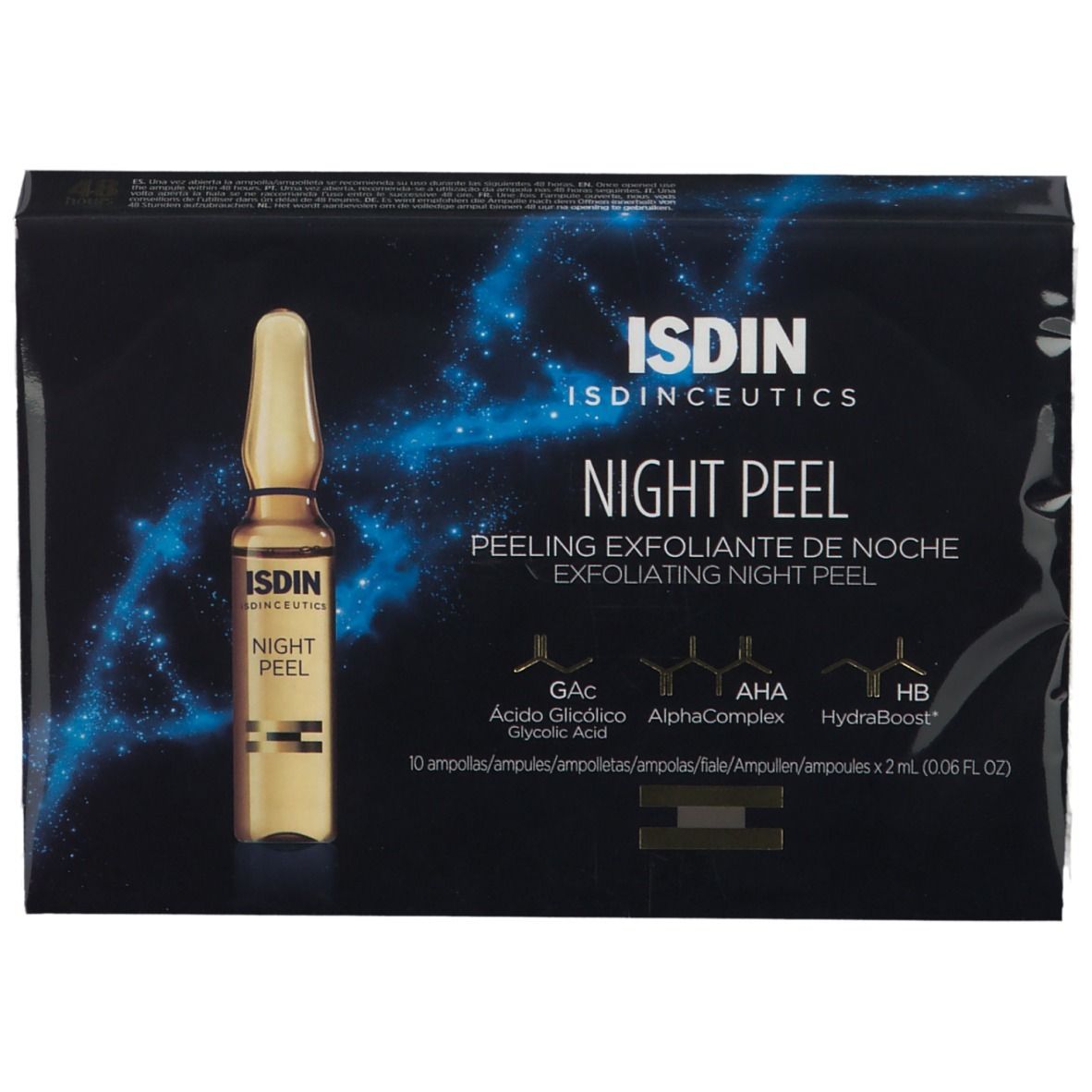 Boîte ISDINCEUTICS NIGHT PEEL avec ampoule. Inscription: Peeling Exfoliante de Noche. Ingrédients: GAC, AlphaComplex, HB. 10 ampoules.