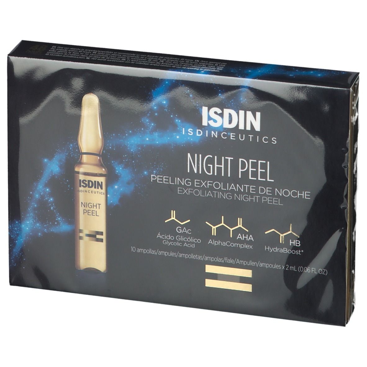 Boîte ISDINCEUTICS NIGHT PEEL. Inscription: Peeling Exfoliante de Noche. Ingrédients: GAC, AlphaComplex, HB. 10 ampoules.
