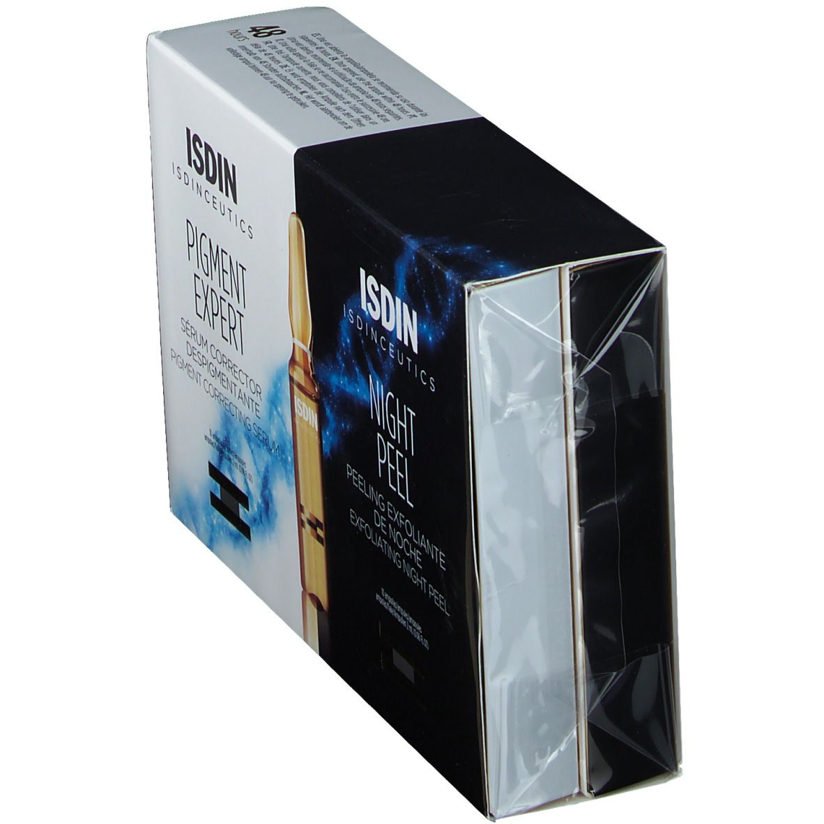 Schuine verpakking. ISDINCEUTICS Pigment Expert en Night Peel. Transparante folie. Tekst: Sérum Correcteur.