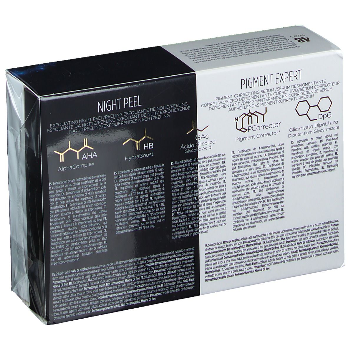 Achterkant van de verpakking. ISDINCEUTICS Night Peel en Pigment Expert. Tekst en chemische formules. Zwarte en witte achtergrond.