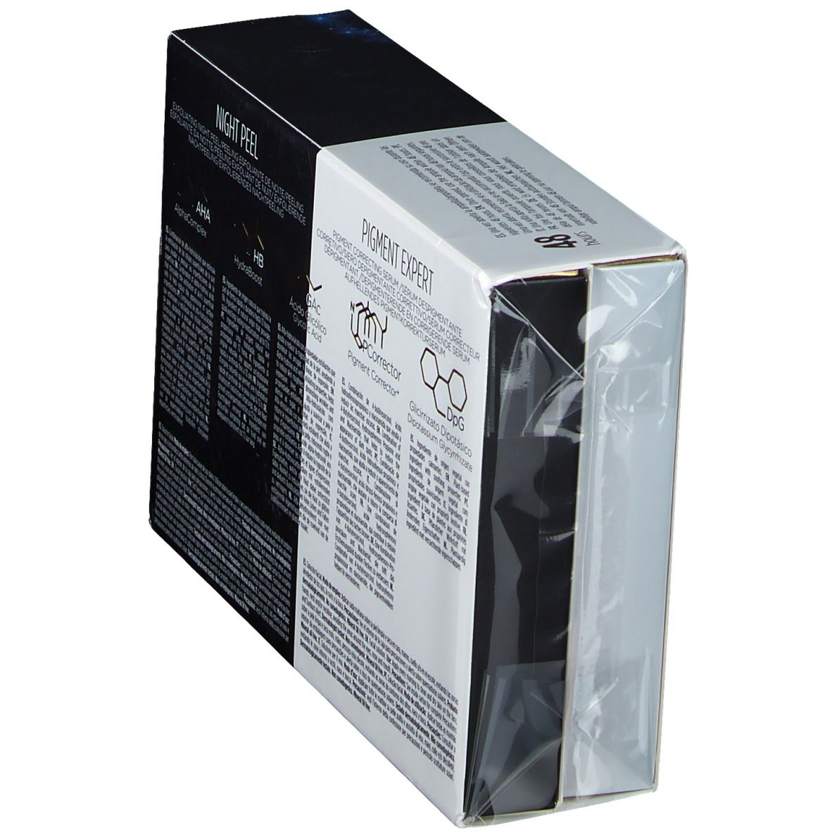 Schuine verpakking. ISDINCEUTICS Night Peel en Pigment Expert. Transparante folie. Tekst en formules.