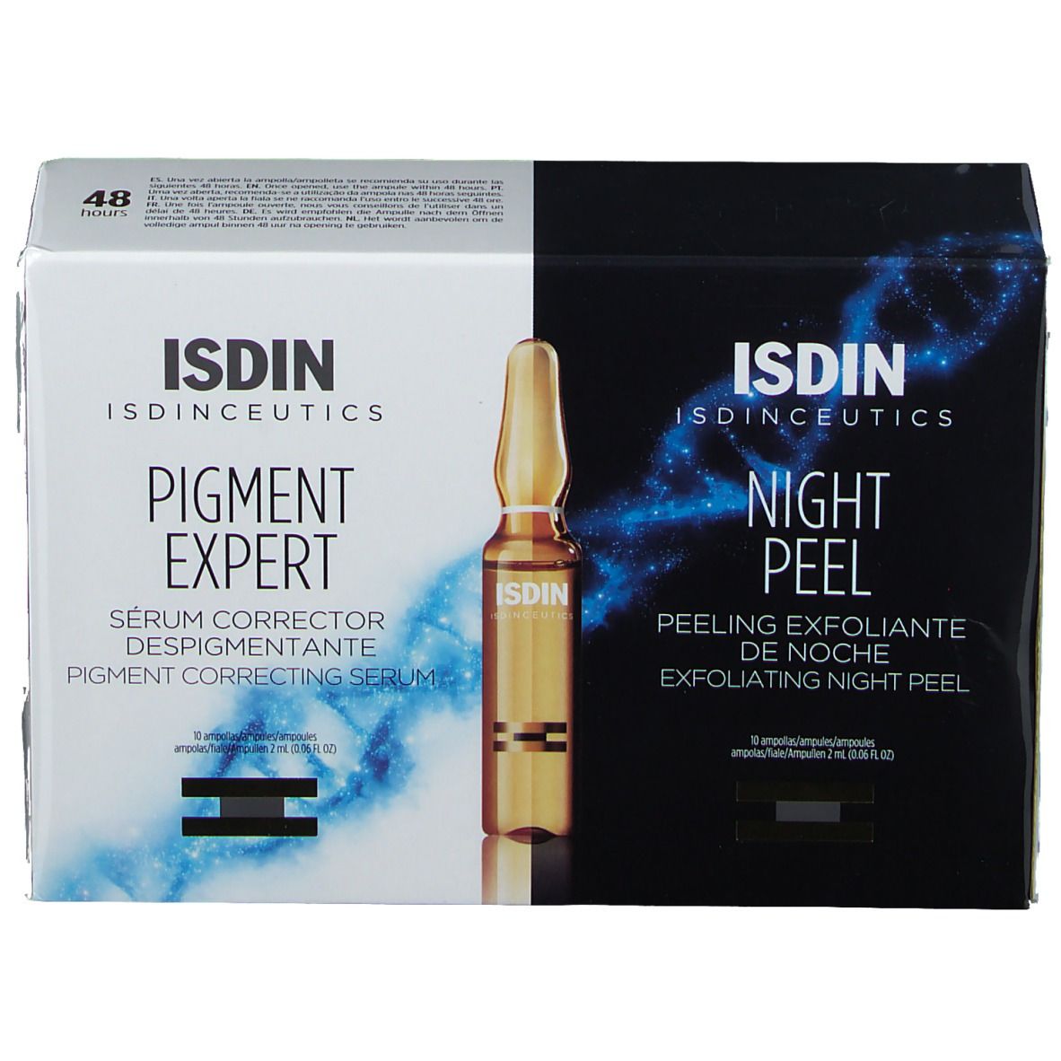 Verpakking ISDINCEUTICS Pigment Expert en Night Peel. Ampul zichtbaar. Tekst: Sérum Correcteur Despigmentante.