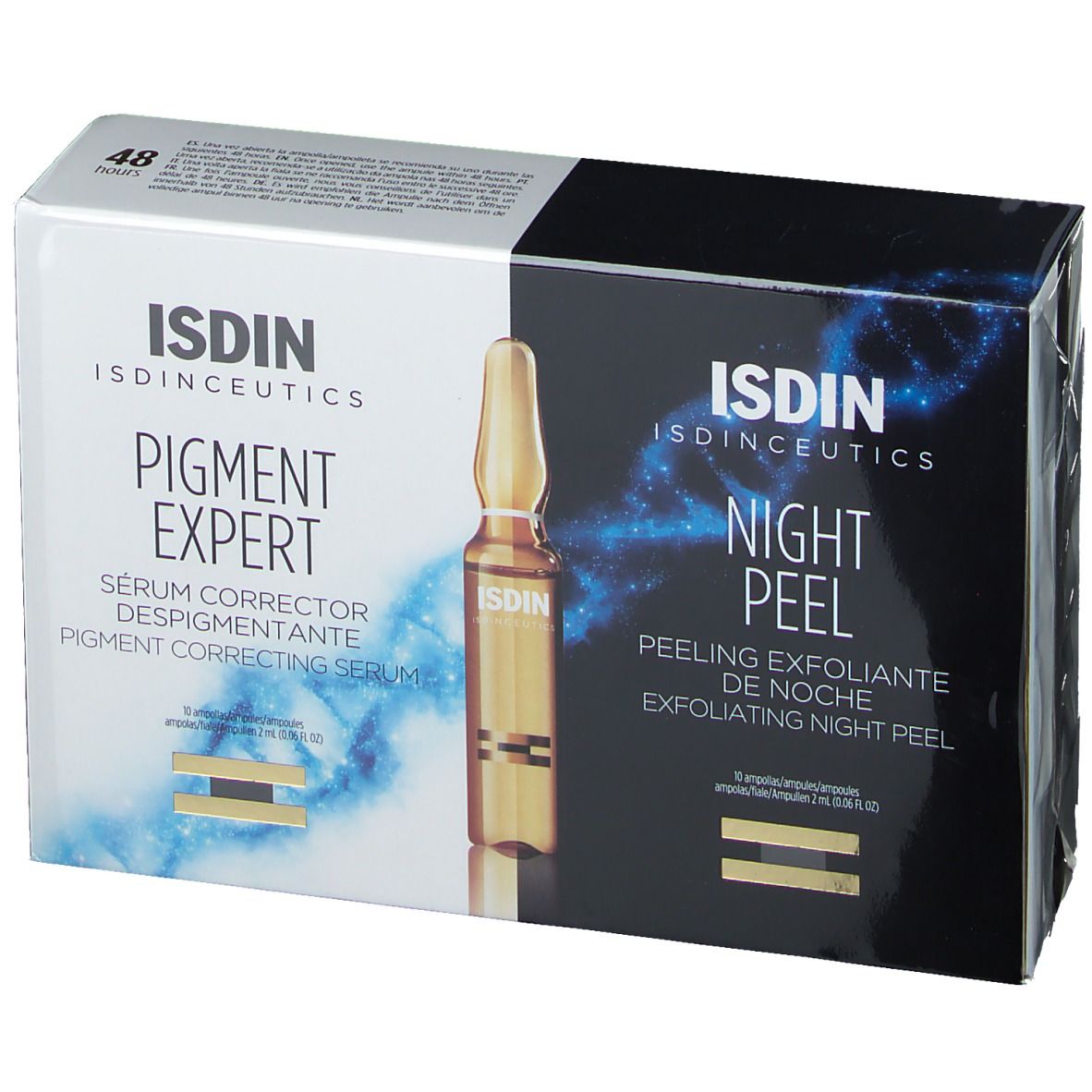 Verpakking ISDINCEUTICS Pigment Expert en Night Peel. Ampul zichtbaar. Tekst: Sérum Correcteur Despigmentante.