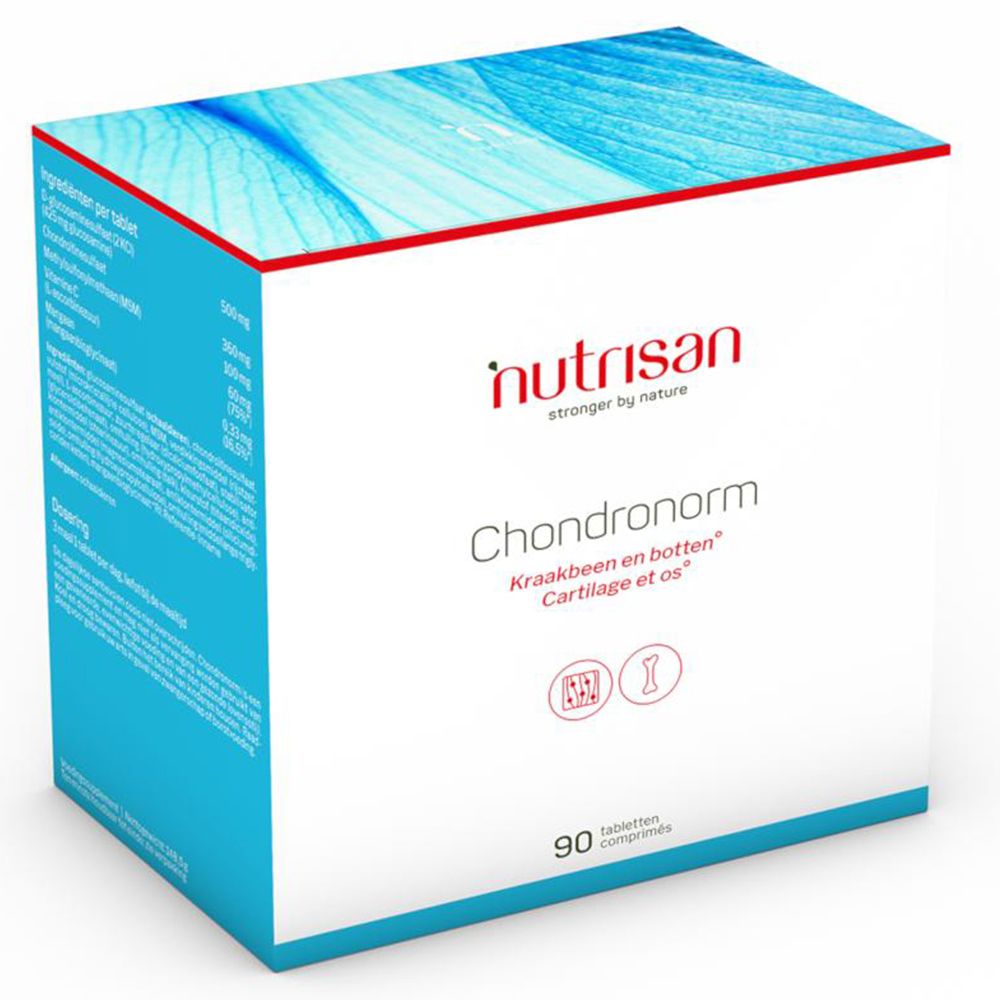 Blauw-witte doos met "nutrisan" logo en productnaam "Chondronorm". Bevat 90 tabletten. Opschrift: Kraakbeen en botten.
