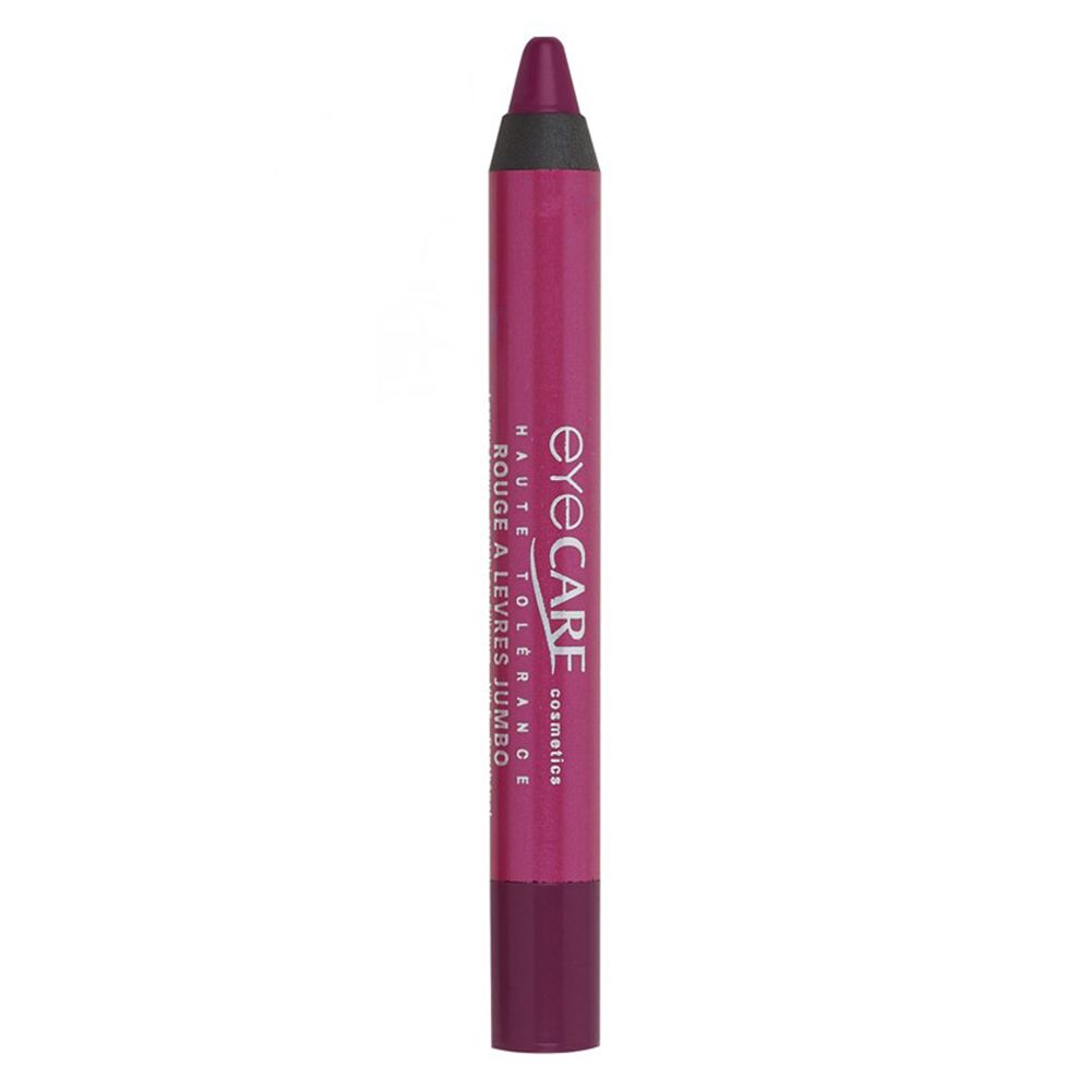 Rouge à lèvres Jumbo Cassis rose. Inscription eyeCARE. Extrémités supérieure et inférieure rouge foncé.