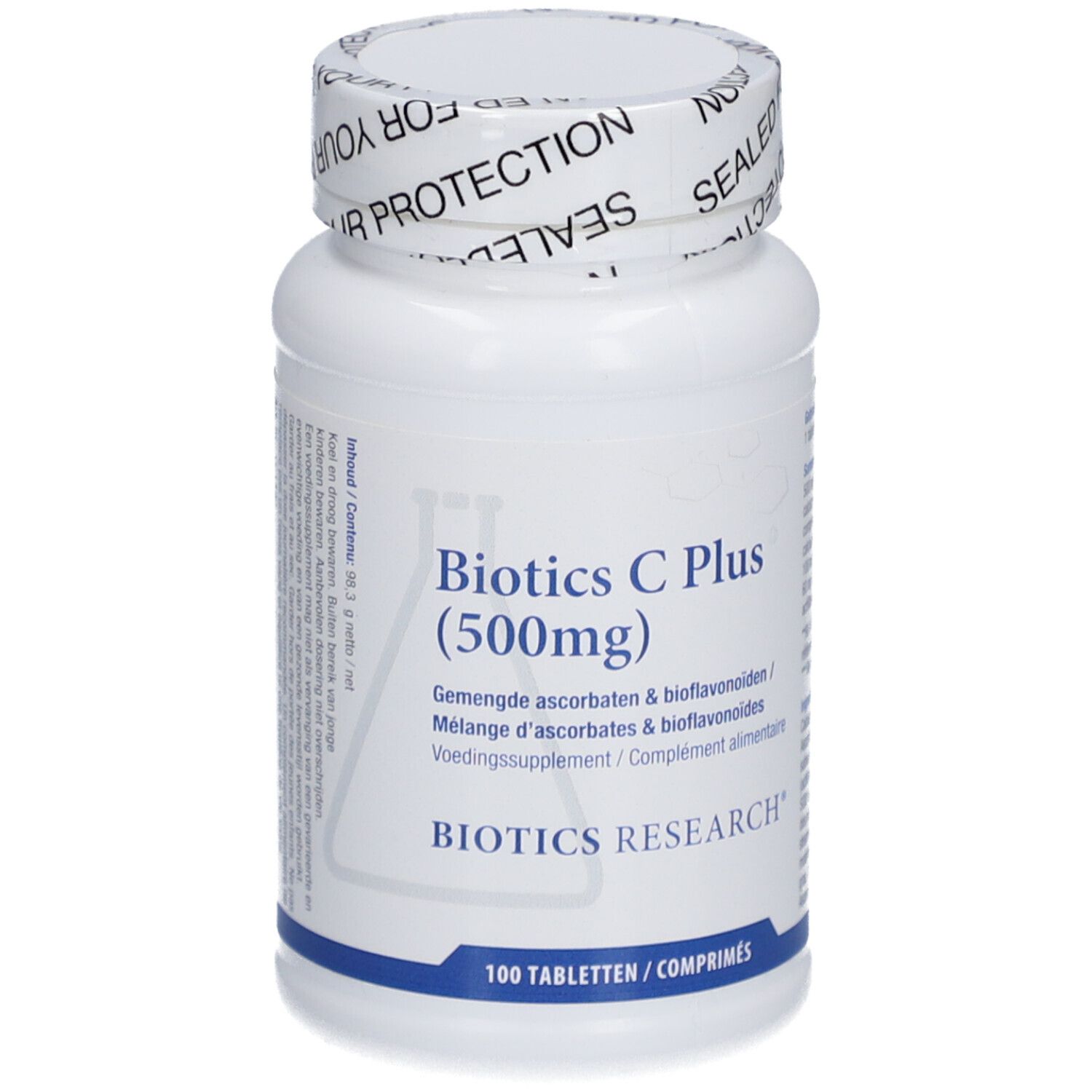 Witte fles met opschrift Biotics C Plus (500mg). Zegel op de dop.