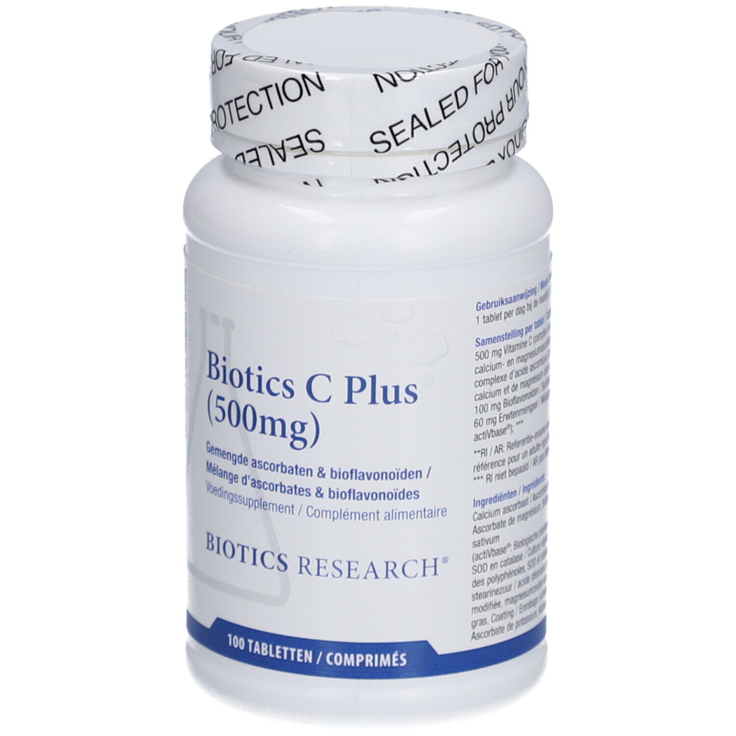 Witte fles met opschrift Biotics C Plus (500mg). 100 tabletten.