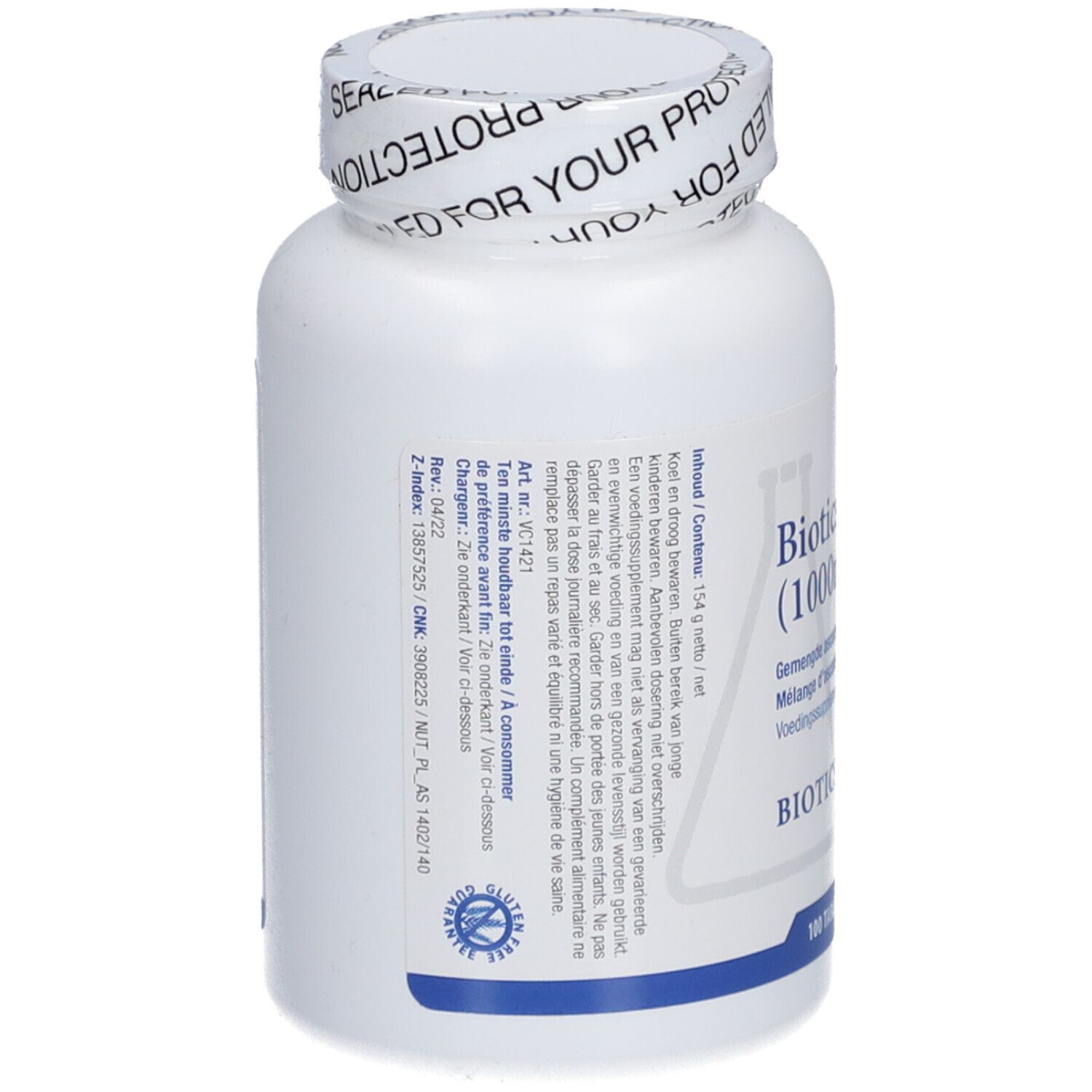 Dos du flacon blanc Biotics C Plus. Texte multilingue. Sceau sur le couvercle.