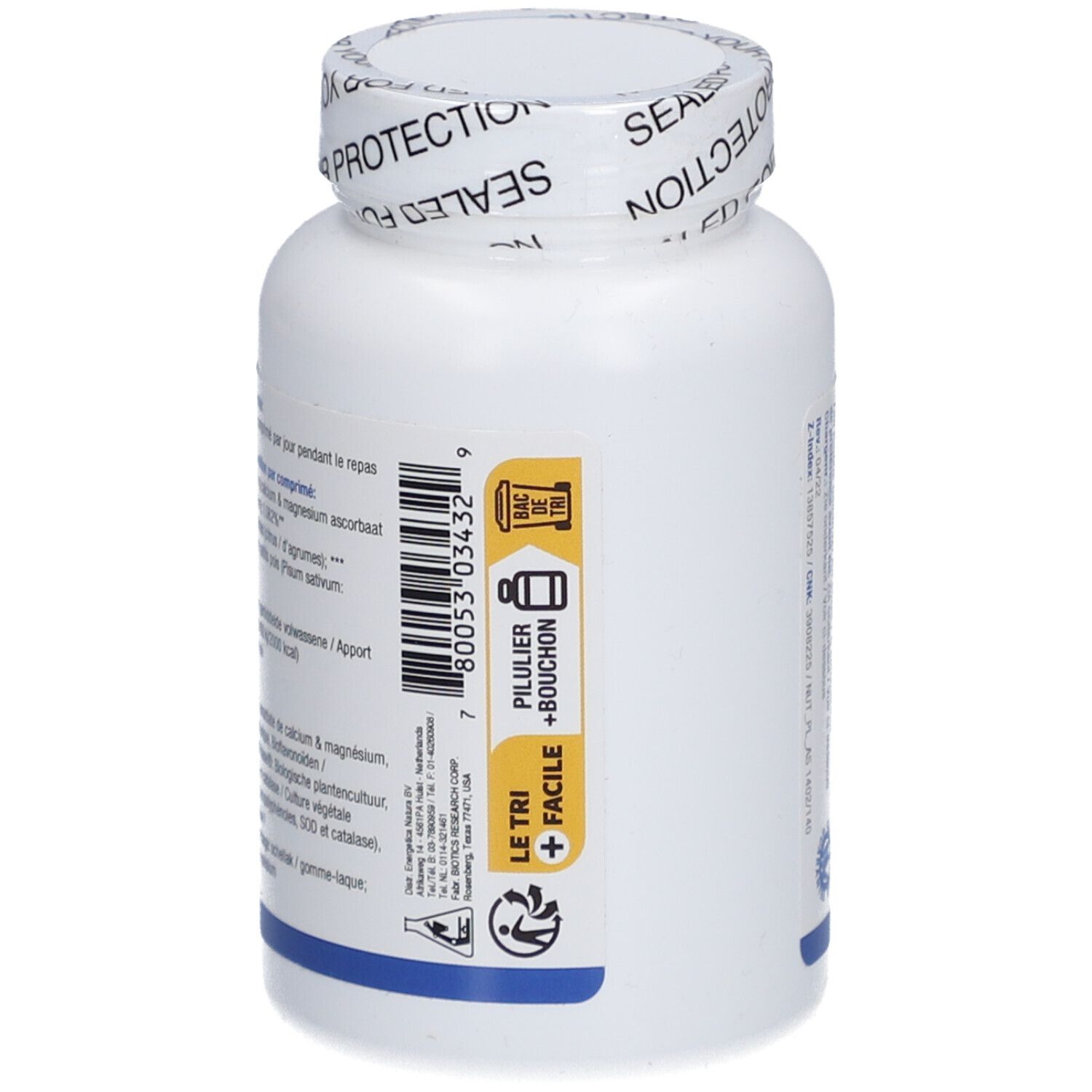 Dos du flacon blanc Biotics C Plus. Étiquette jaune avec symboles. Sceau sur le couvercle.