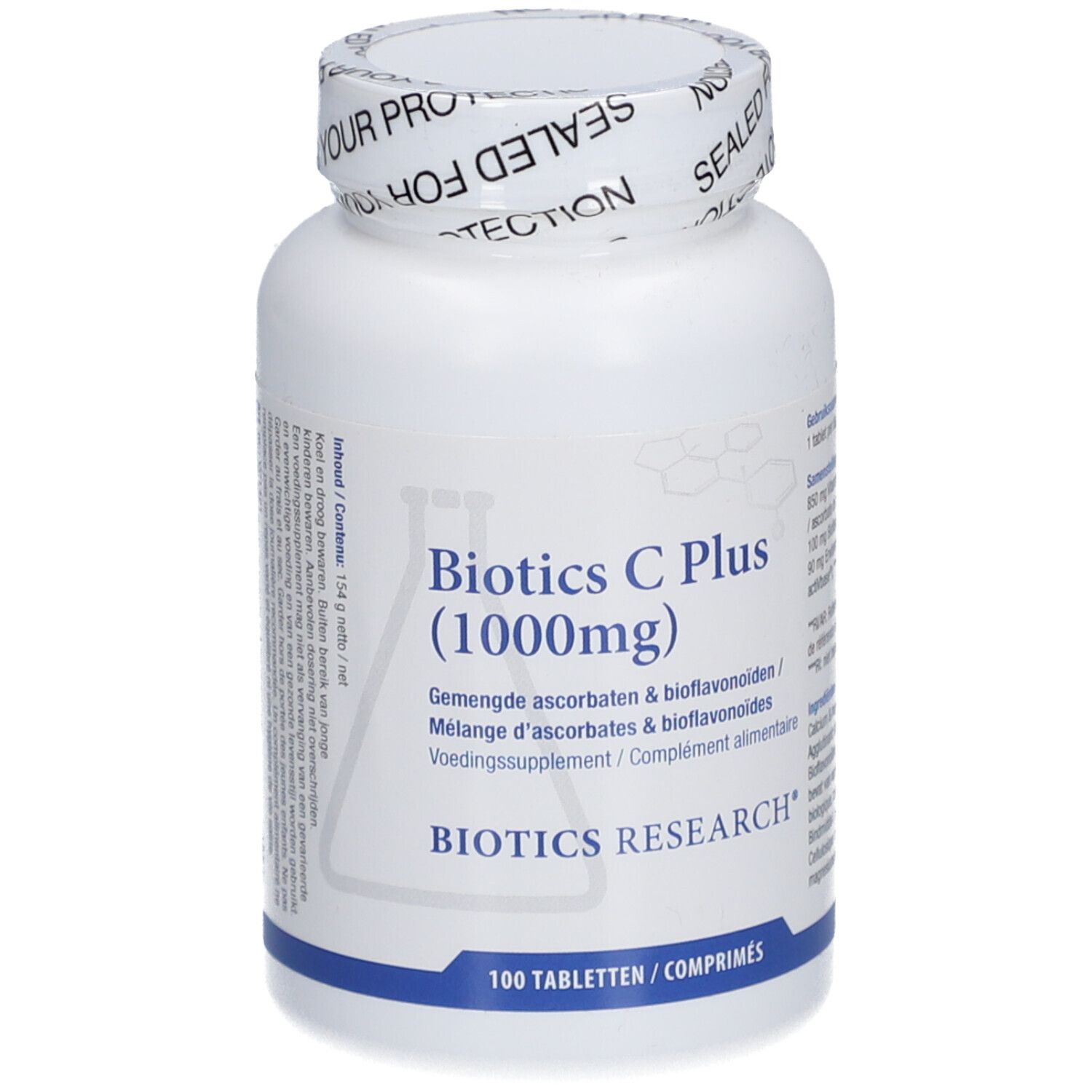 Flacon blanc Biotics C Plus (1000mg). 100 comprimés. Logo Biotics Research. Sceau sur le couvercle.
