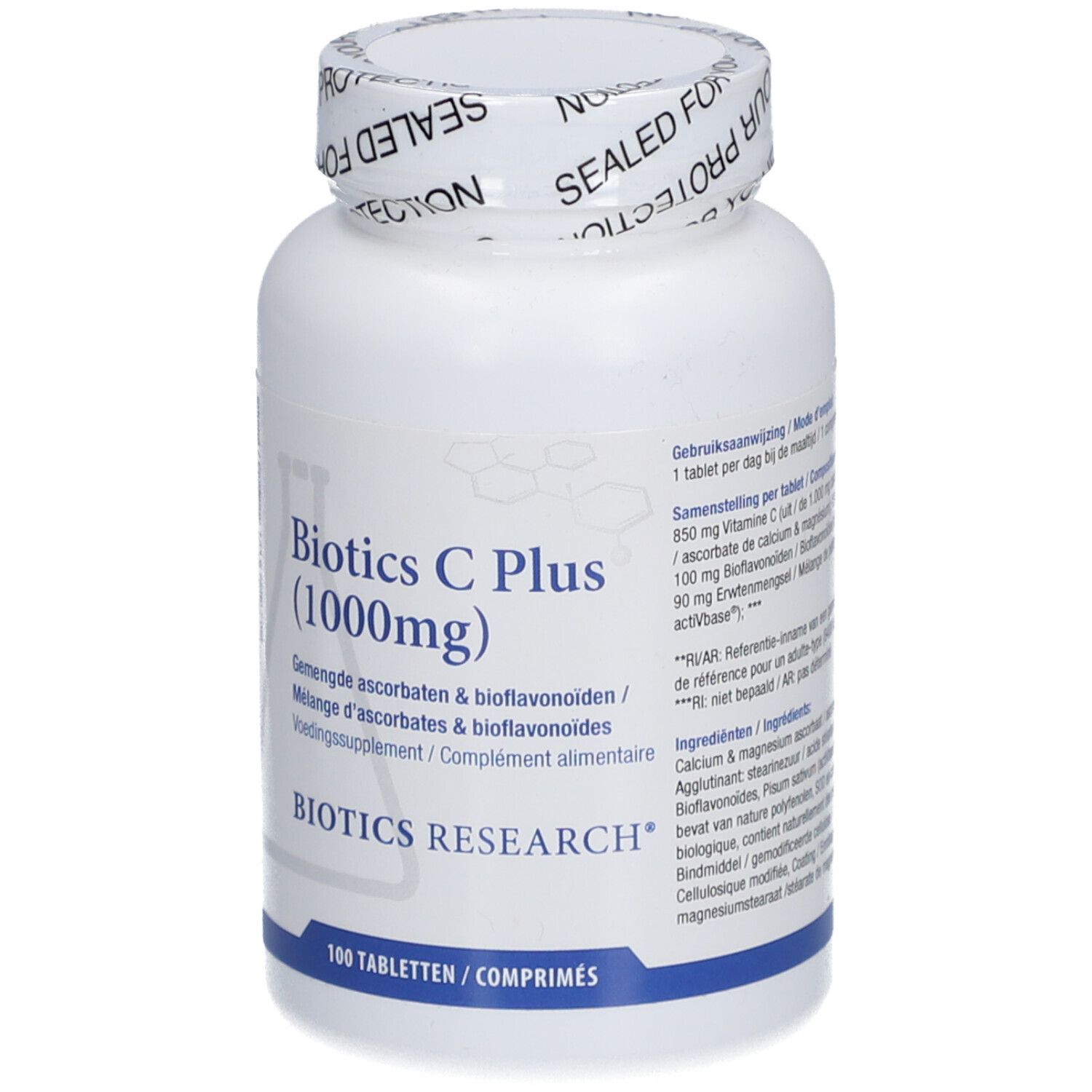 Flacon blanc Biotics C Plus (1000mg). 100 comprimés. Logo Biotics Research. Sceau sur le couvercle.