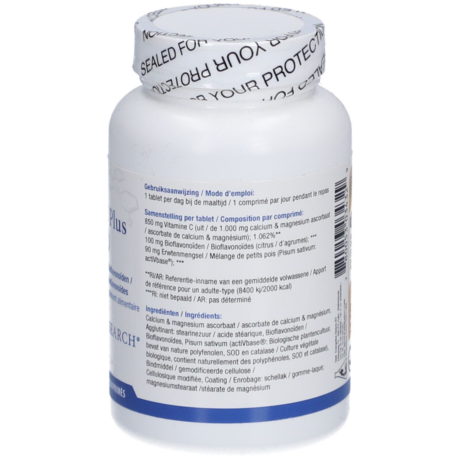 Dos du flacon blanc Biotics C Plus. Texte multilingue. Sceau sur le couvercle.