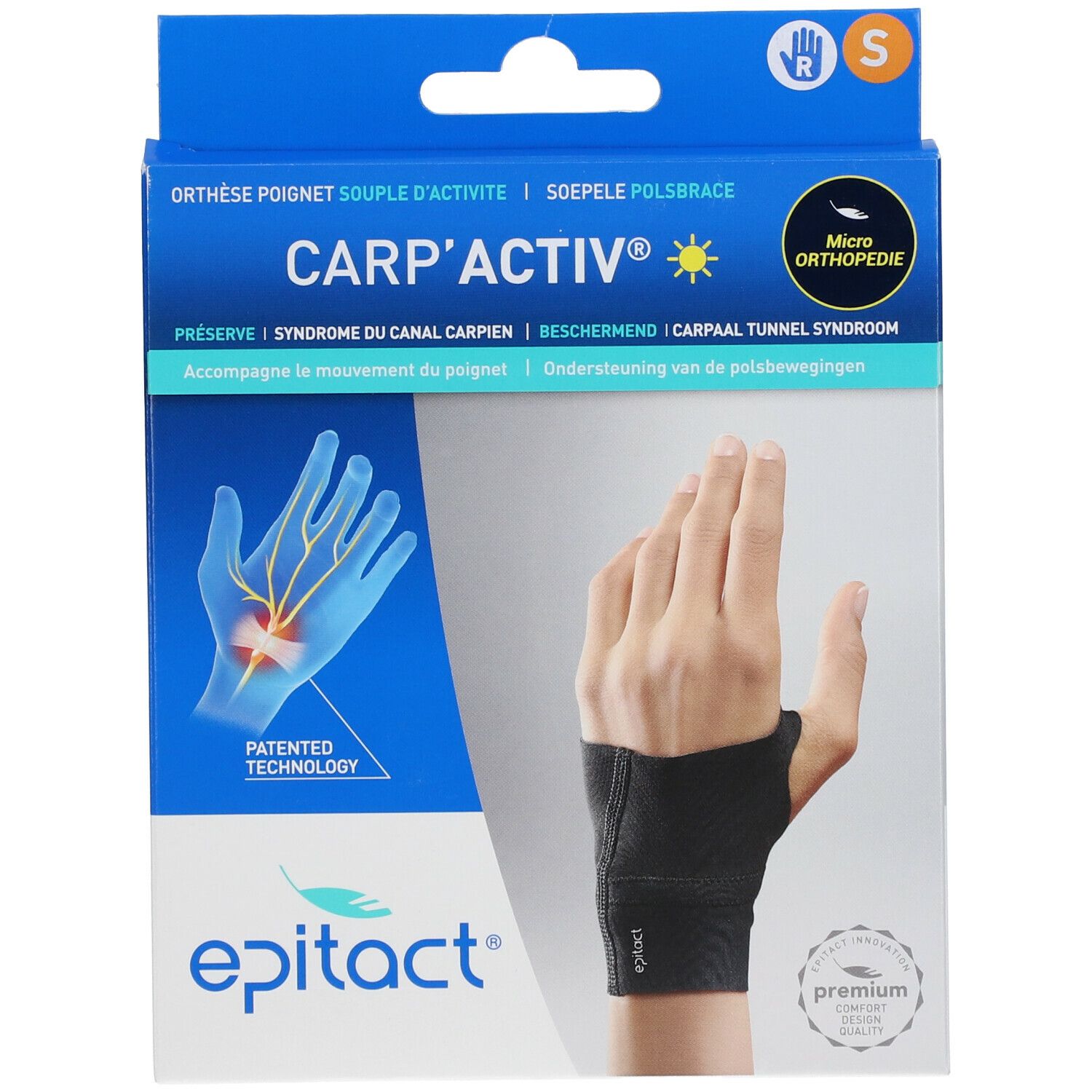 Emballage de l'orthèse de poignet CARP'Activ. Orthèse noire, taille S, sur carton bleu et blanc. Logo Epitact en bas.