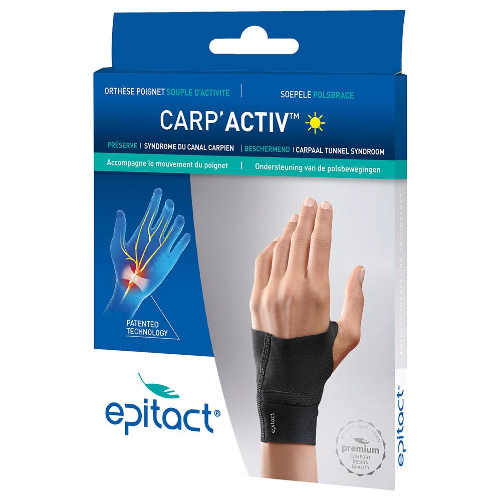 Orthèse poignet Epitact® Carp'Activ, taille L, emballage bleu et blanc. Bandage noir, informations produit et logo.