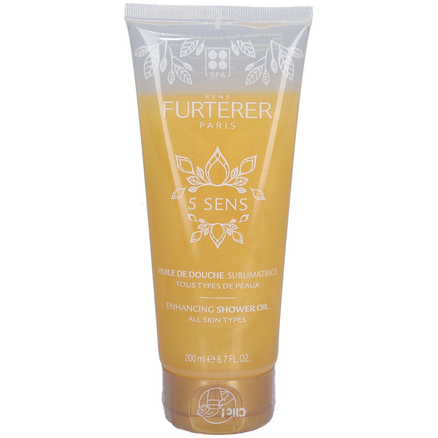 Transparante tube met gele inhoud. Opschrift: RENE FURTERER PARIS, 5 SENS, Enhancing Shower Oil.