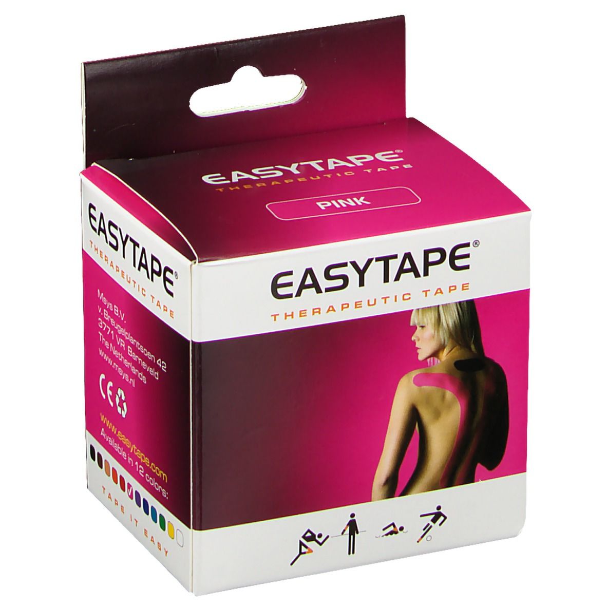 Verpackung von EASYTAPE® Therapeutisches Tape Pink. Weißer Karton mit pinkfarbenem Deckel. Aufdruck: EASYTAPE®, Frau mit Tape.