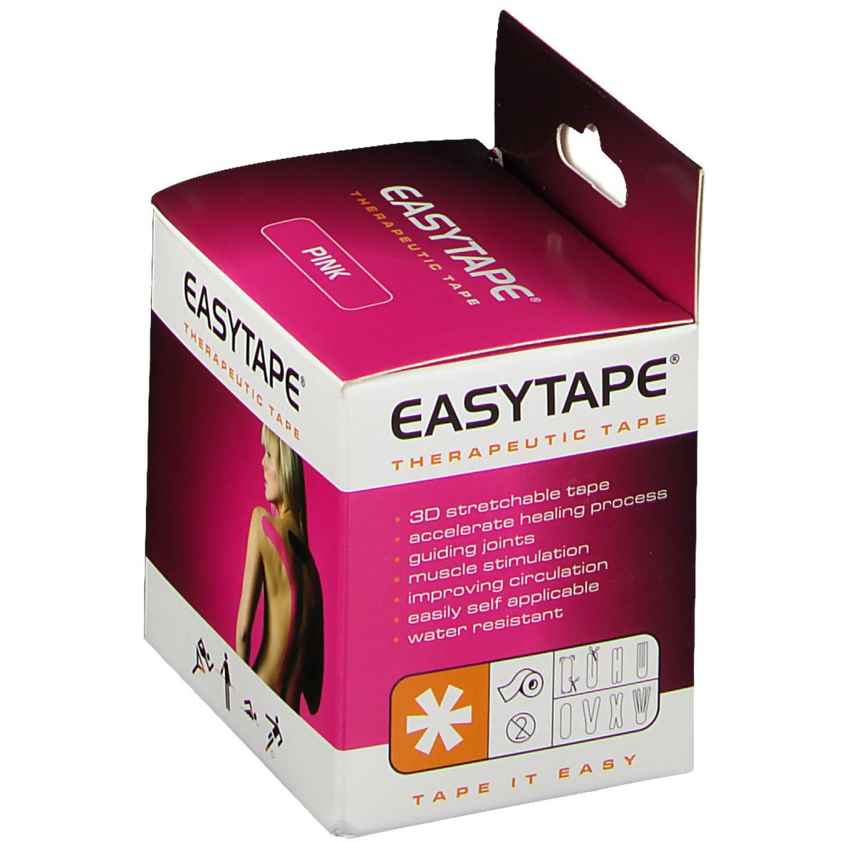 EASYTAPE® Therapeutisches Tape Pink in Verpackung. Weißer Karton mit pinkfarbenem Deckel. Aufdruck: EASYTAPE®, Frau mit Tape. Text: 3D dehnbar.