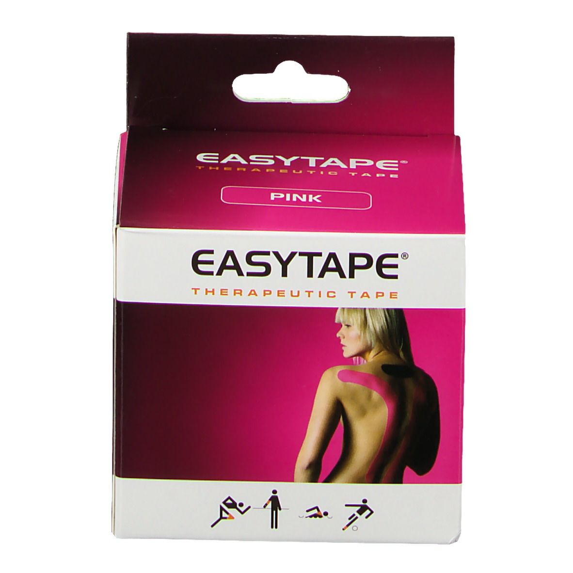 EASYTAPE® Therapeutisches Tape Pink in Verpackung. Weißer Karton mit pinkfarbenem Deckel. Aufdruck: EASYTAPE®, Frau mit Tape. Logo CE.