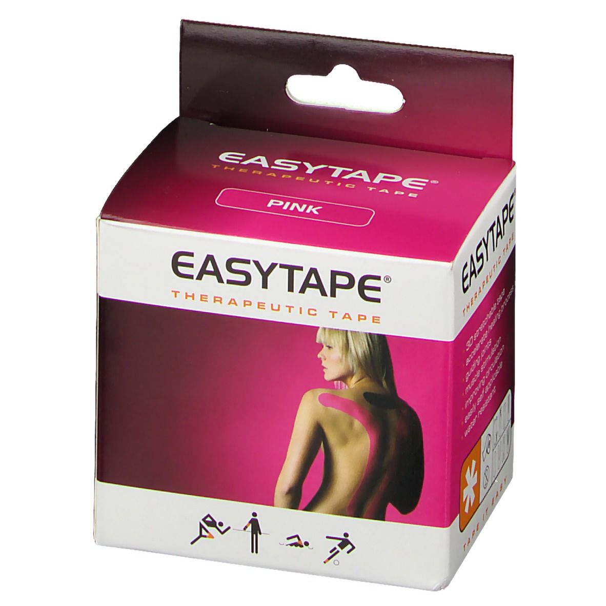 EASYTAPE® Therapeutisches Tape Pink in Verpackung. Weißer Karton mit pinkfarbenem Deckel. Aufdruck: EASYTAPE®, Frau mit Tape. Logo CE.