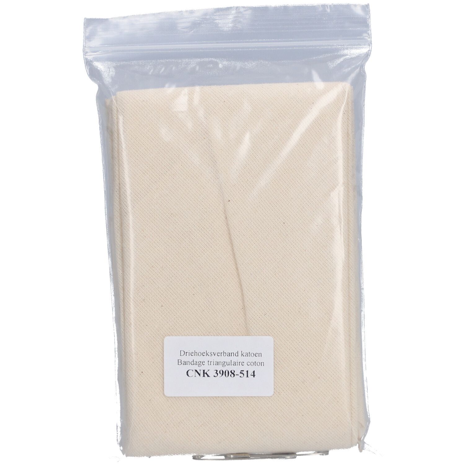 Driehoeksverband in plastic verpakking. Beige. Label met productnaam. Katoen.