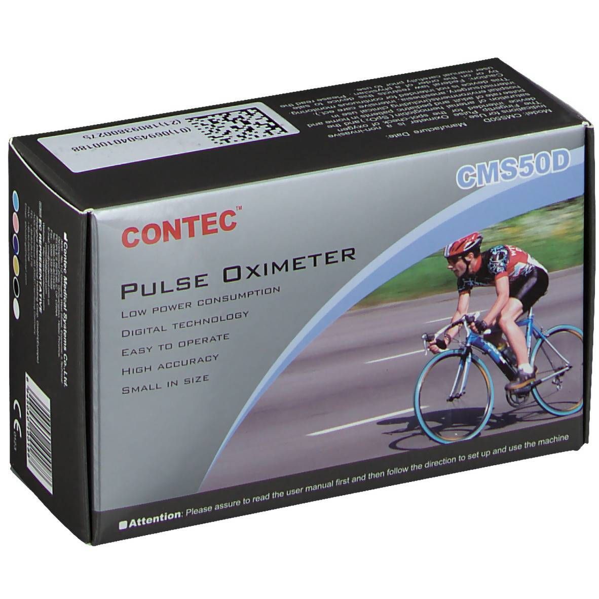 Verpakking van een pulsoximeter. Opschrift: CONTEC, Pulse Oximeter, CMS50D. Afbeelding van een fietser.