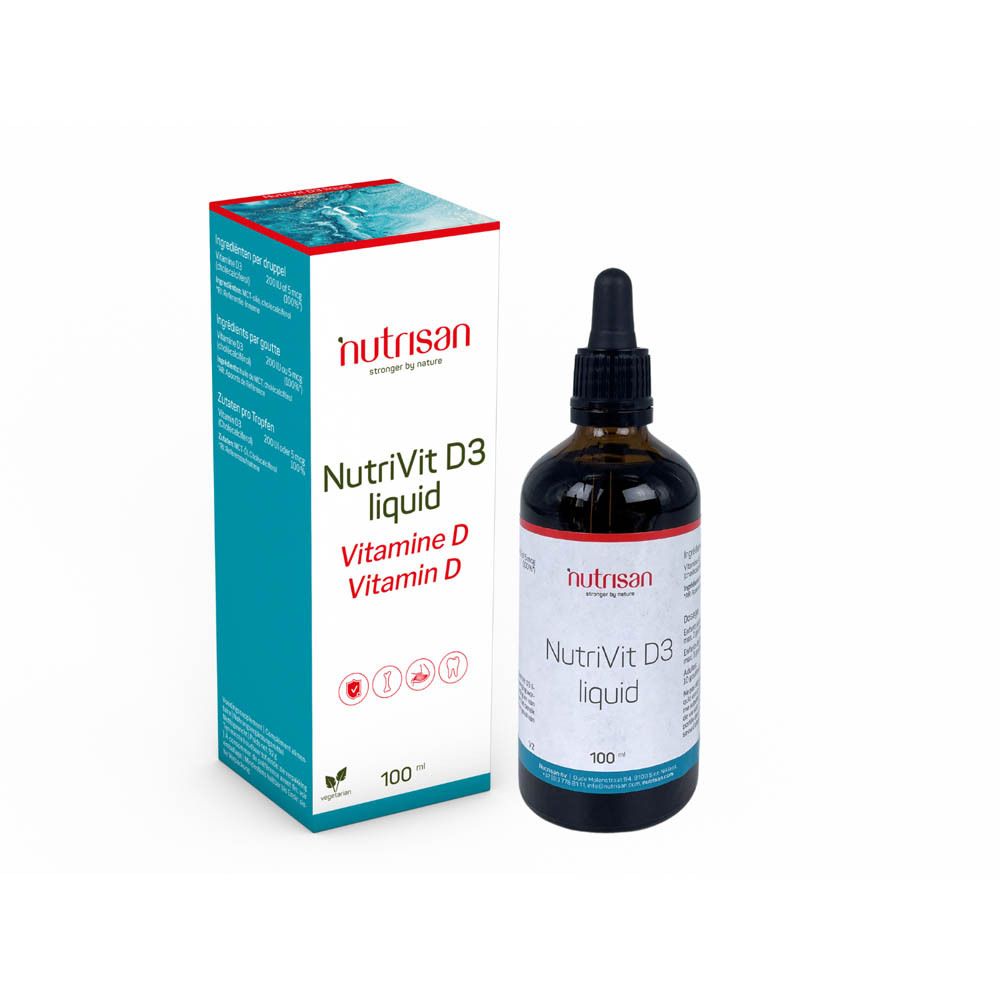 Flacon en verre brun avec compte-gouttes et boîte. Inscription : Nutrisan Nutrivit D3 liquid, Vitamine D. 100 ml.