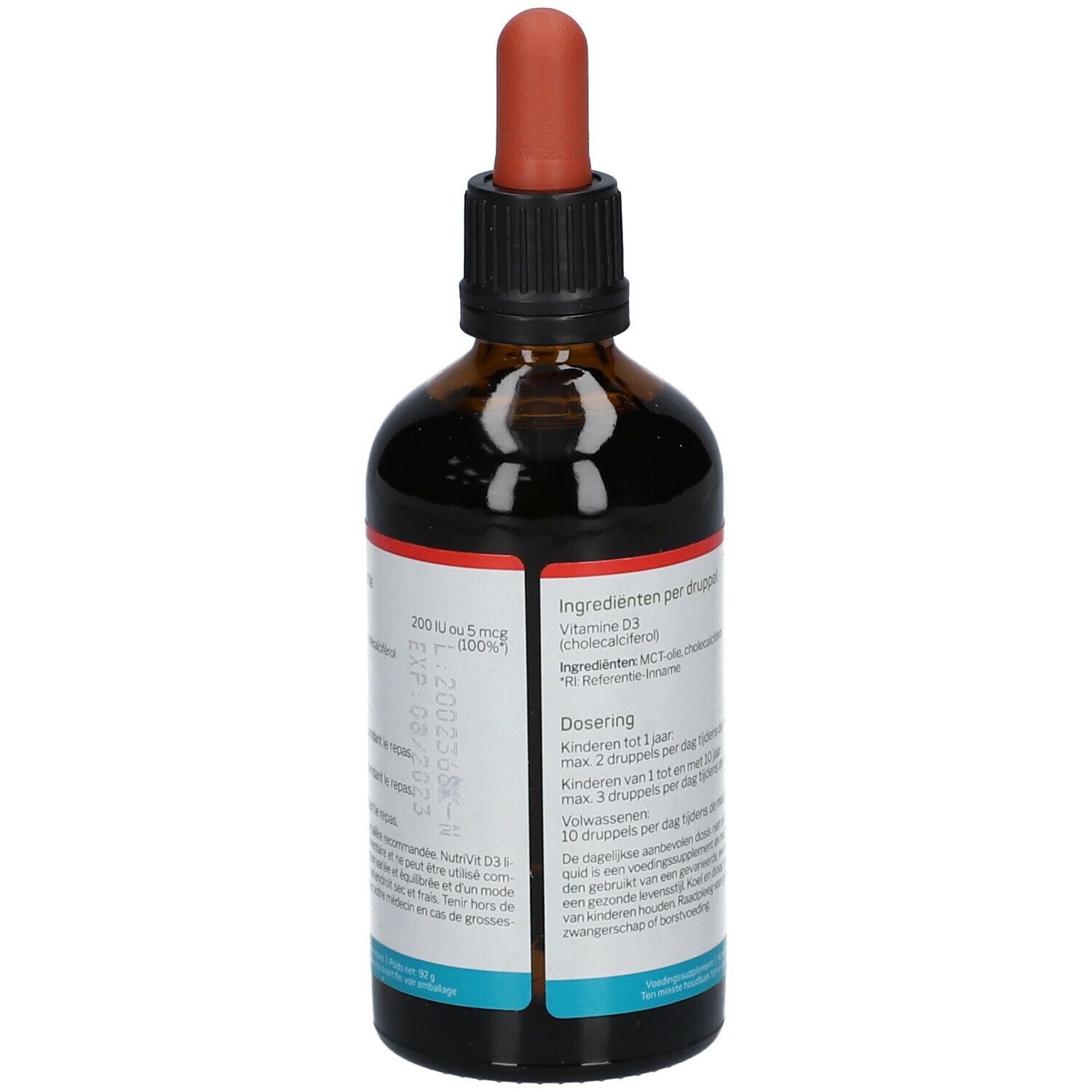 Braune Glasflasche mit Tropfer. Rückseite mit Etikett. Enthält Informationen zu Inhaltsstoffen und Dosierung.