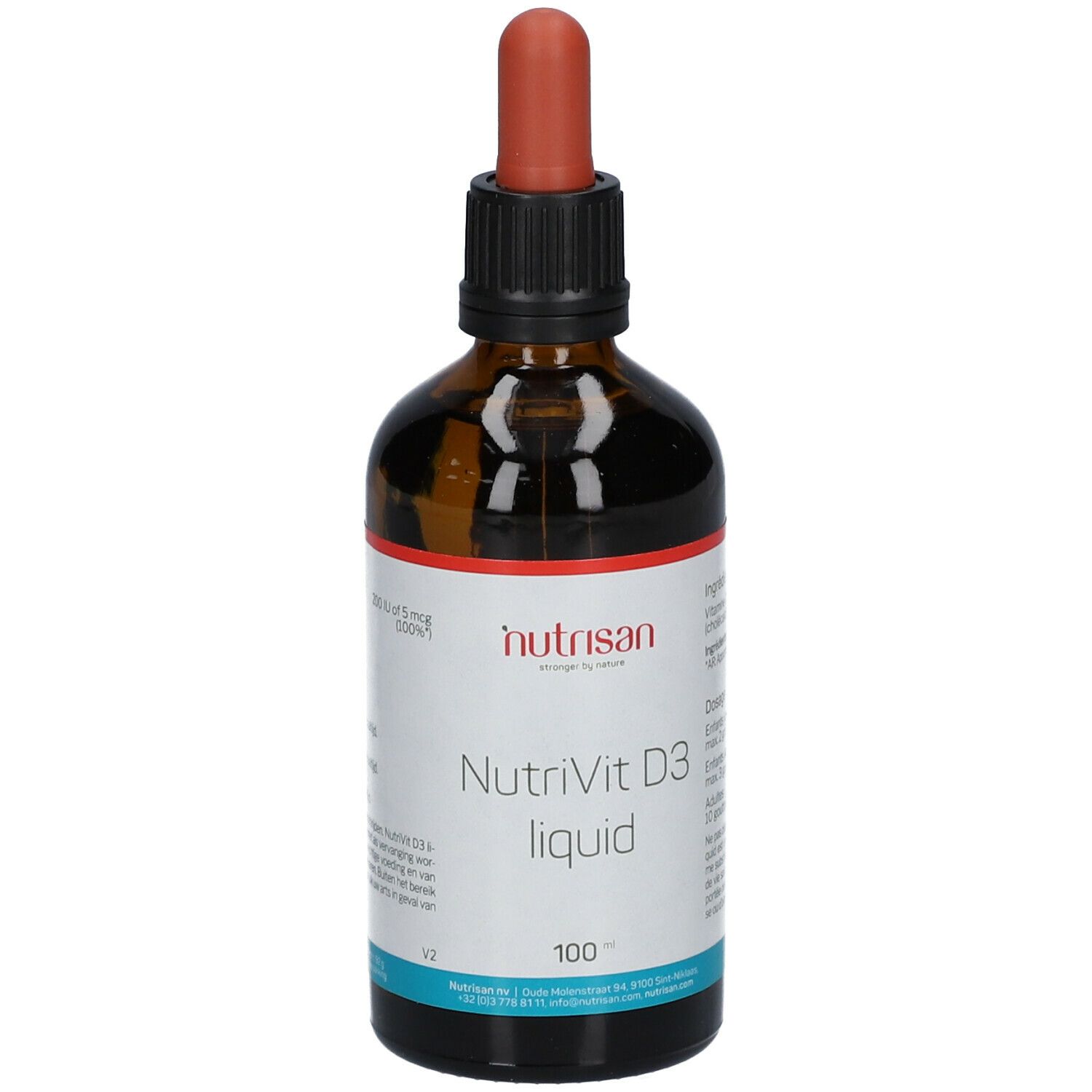 Braune Glasflasche mit Tropfer. Aufschrift: Nutrisan, NutriVit D3 liquid, 100. Etikett mit Inhaltsstoffen und Dosierung.