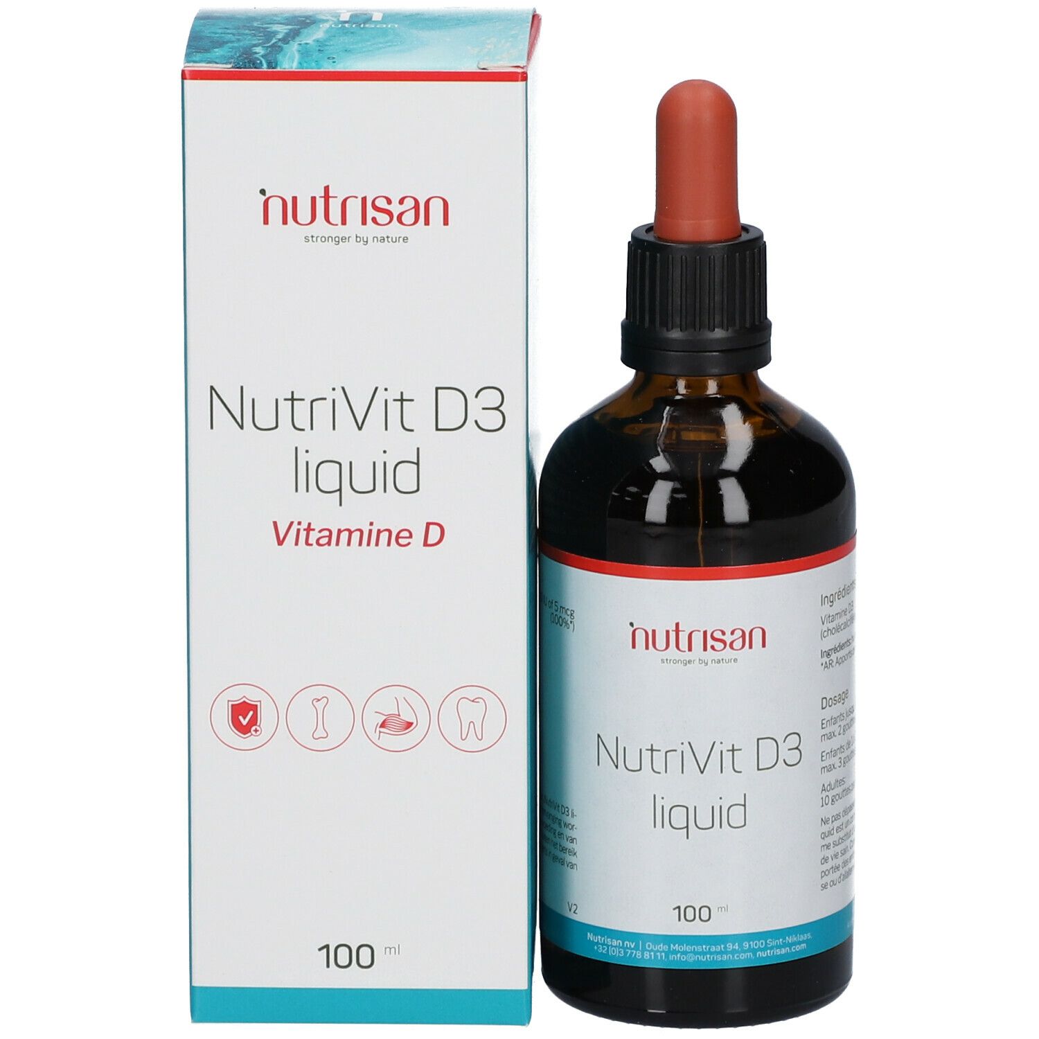Braune Glasflasche mit Tropfer und Karton. Aufschrift: Nutrisan, NutriVit D3 liquid, Vitamine D. 100. Karton mit Logos.