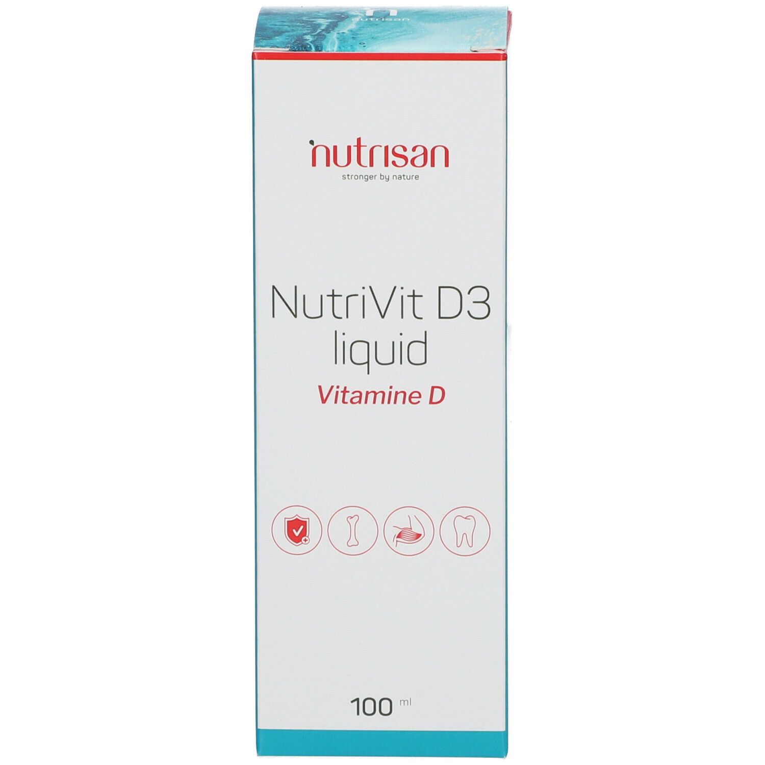Karton mit Aufschrift: Nutrisan, NutriVit D3 liquid, Vitamine D. 100. Logos. Flasche mit Tropfer.