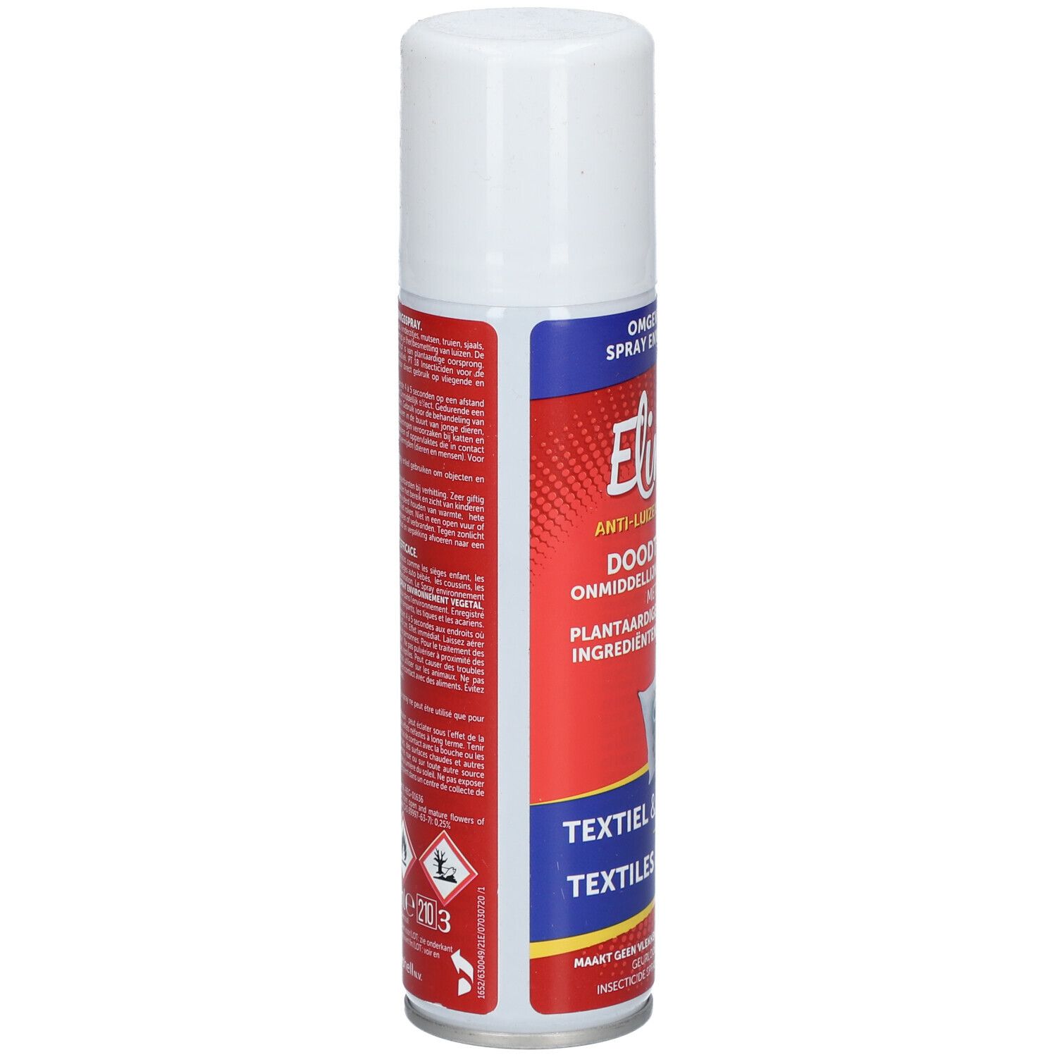Bombe aérosol cylindrique, bouchon blanc. Fond rouge avec texte. Logo Elimax et texte anti-poux.