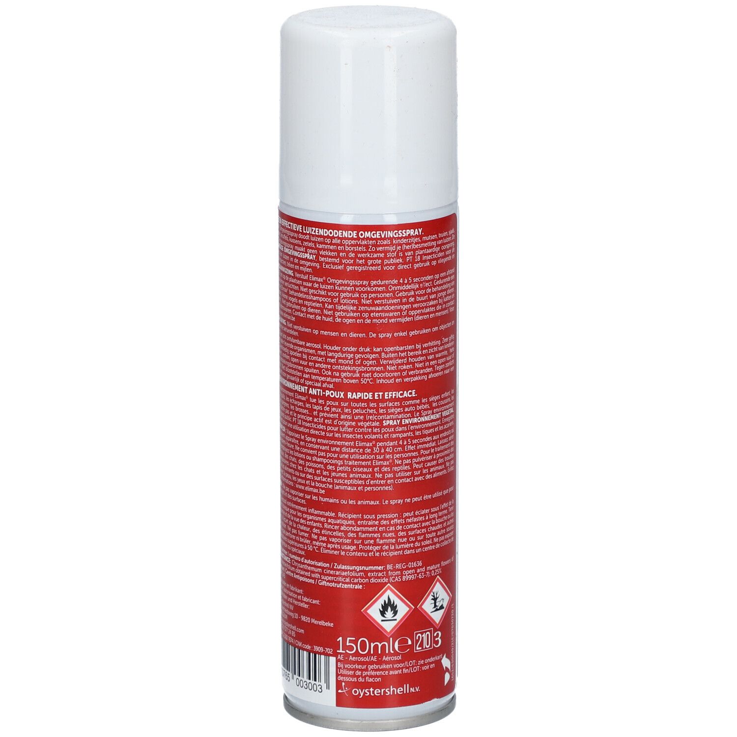 Dos d'une bombe aérosol cylindrique, bouchon blanc. Fond rouge avec texte et avertissements.