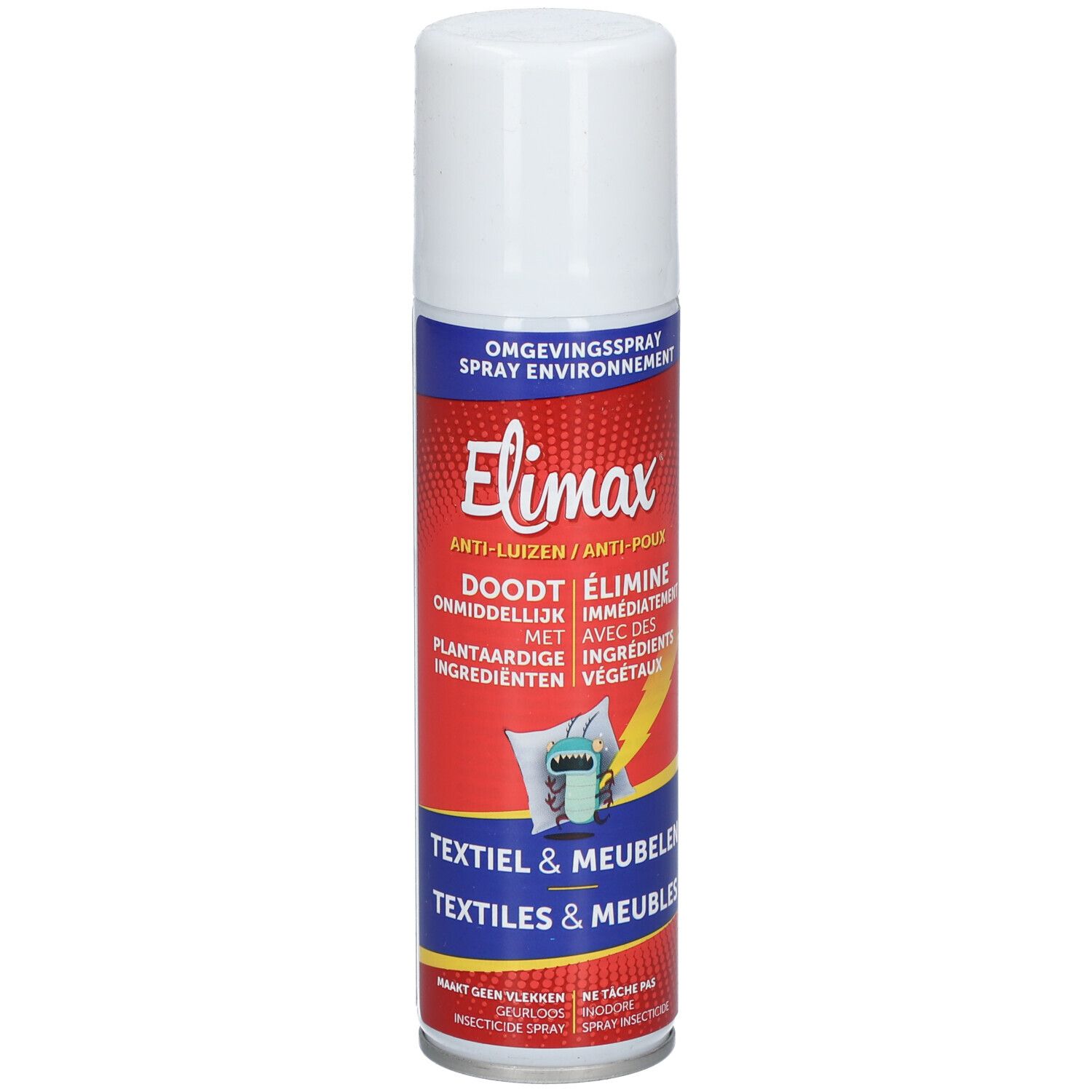 Bombe aérosol cylindrique, bouchon blanc. Fond rouge avec texte blanc. Logo Elimax et texte anti-poux.