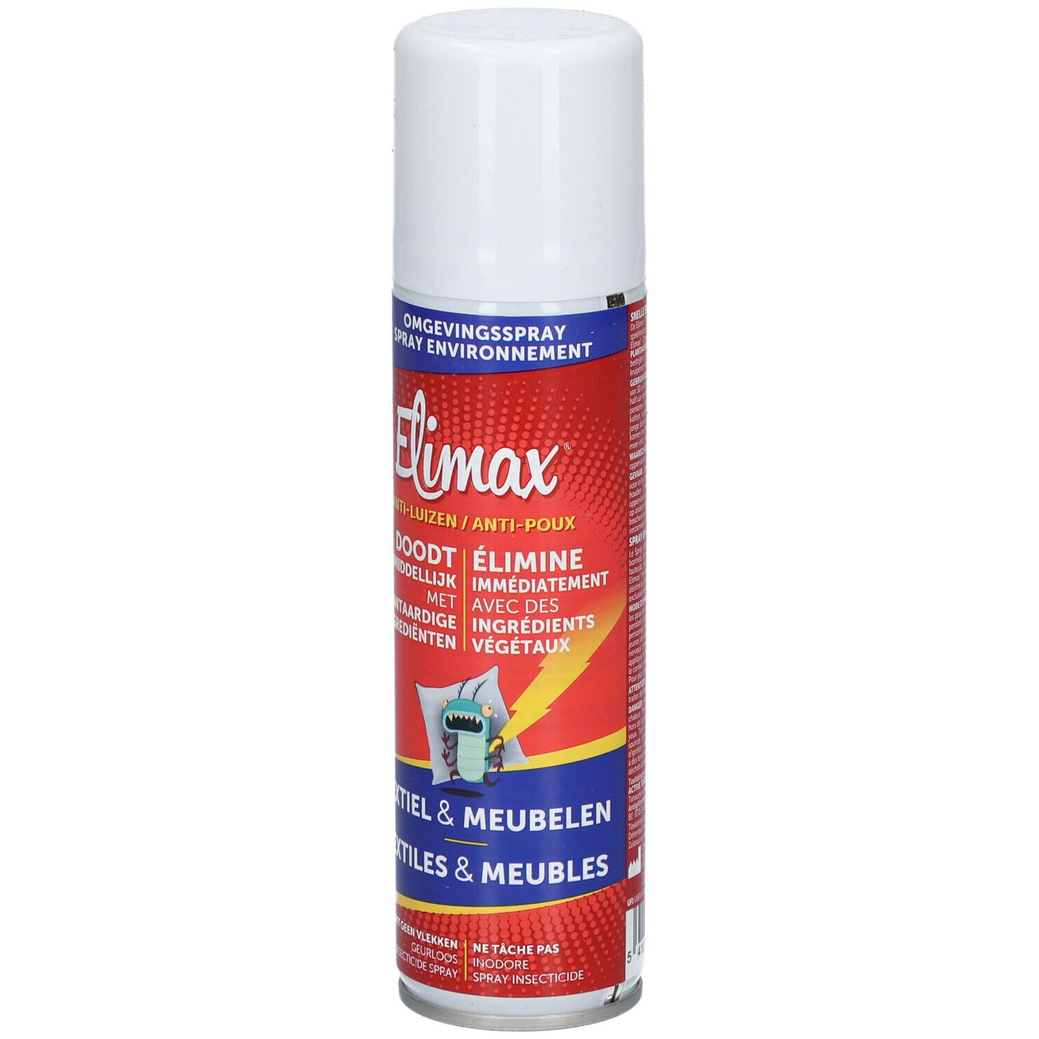 Bombe aérosol cylindrique, bouchon blanc. Fond rouge avec texte blanc. Logo Elimax et texte anti-poux.