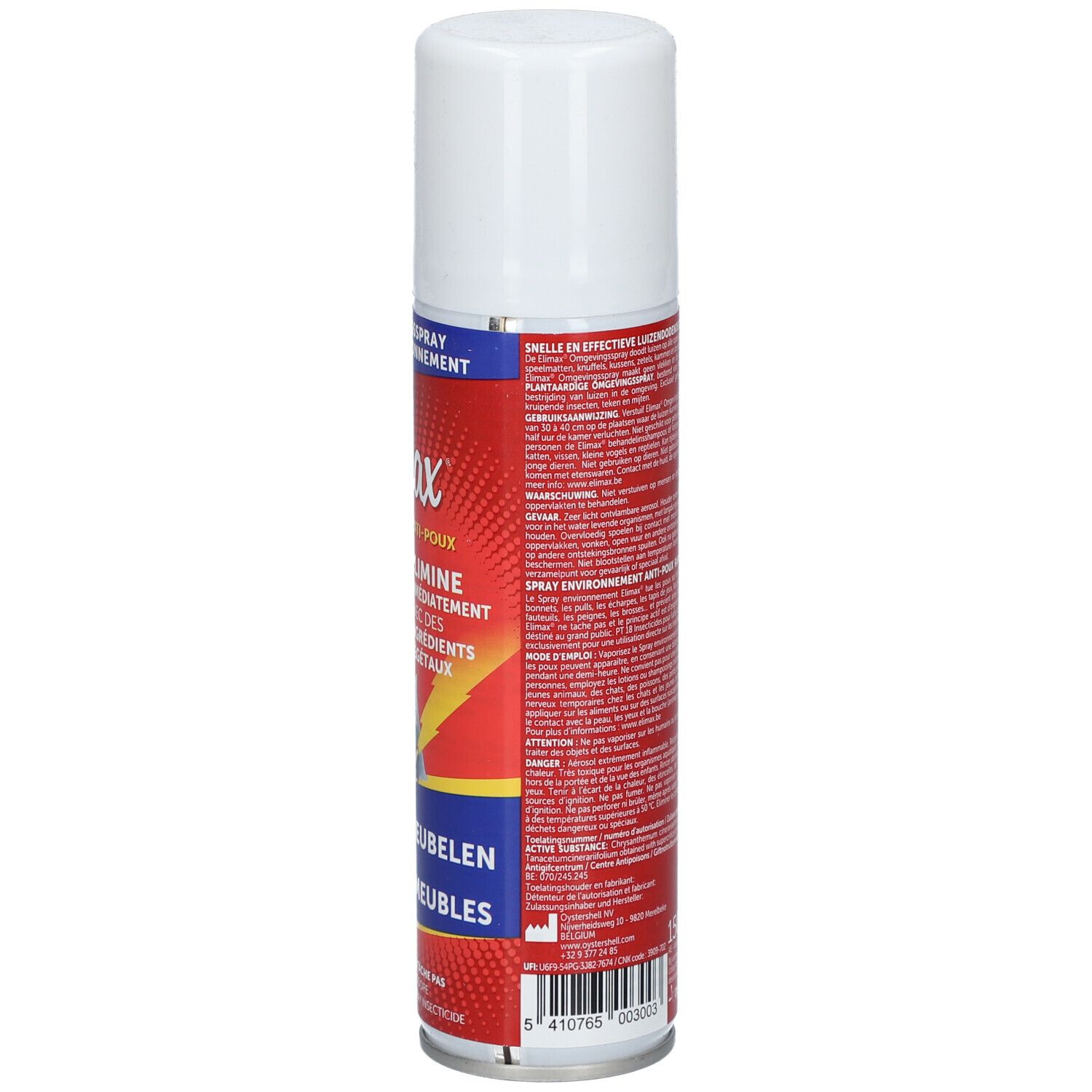 Dos d'une bombe aérosol cylindrique, bouchon blanc. Fond rouge avec texte et avertissements.