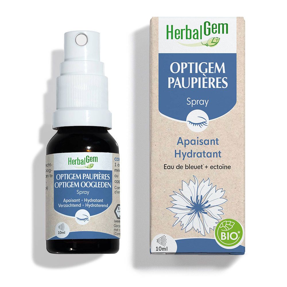 Flacon spray brun et carton. Inscription: HerbalGem OPTIGEM PAUPIÈRES Spray. Apaisant, hydratant. 10ml.