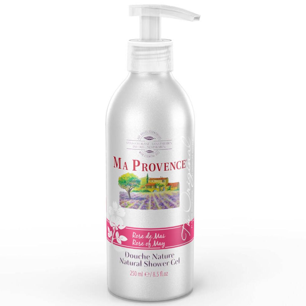 Zilveren fles met pomp. Opschrift: MA PROVENCE, Rose de Mai, Douche Naturel. Afbeelding: landschap met boom en lavendel.