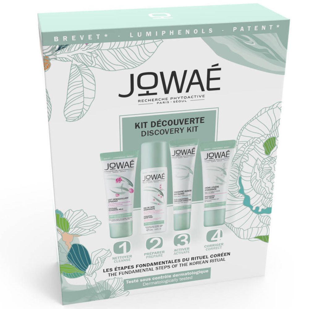Coffret cadeau JOWAÉ. Contient quatre tubes et une bouteille. Inscription : Kit Découverte. Marque : JOWAÉ.