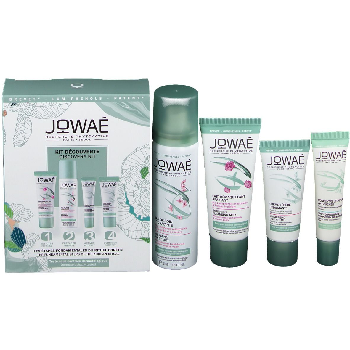 Coffret cadeau avec cinq produits. Inscription : JOWAÉ. Produits : lait, crème, concentré, brume.