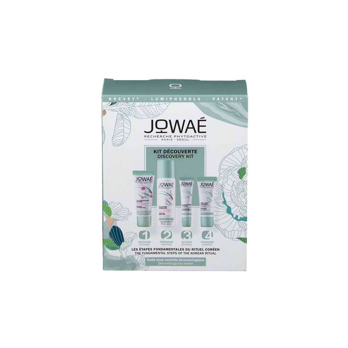 Coffret cadeau. Inscription : JOWAÉ. Sur l'emballage : Kit Découverte. Contient quatre produits.