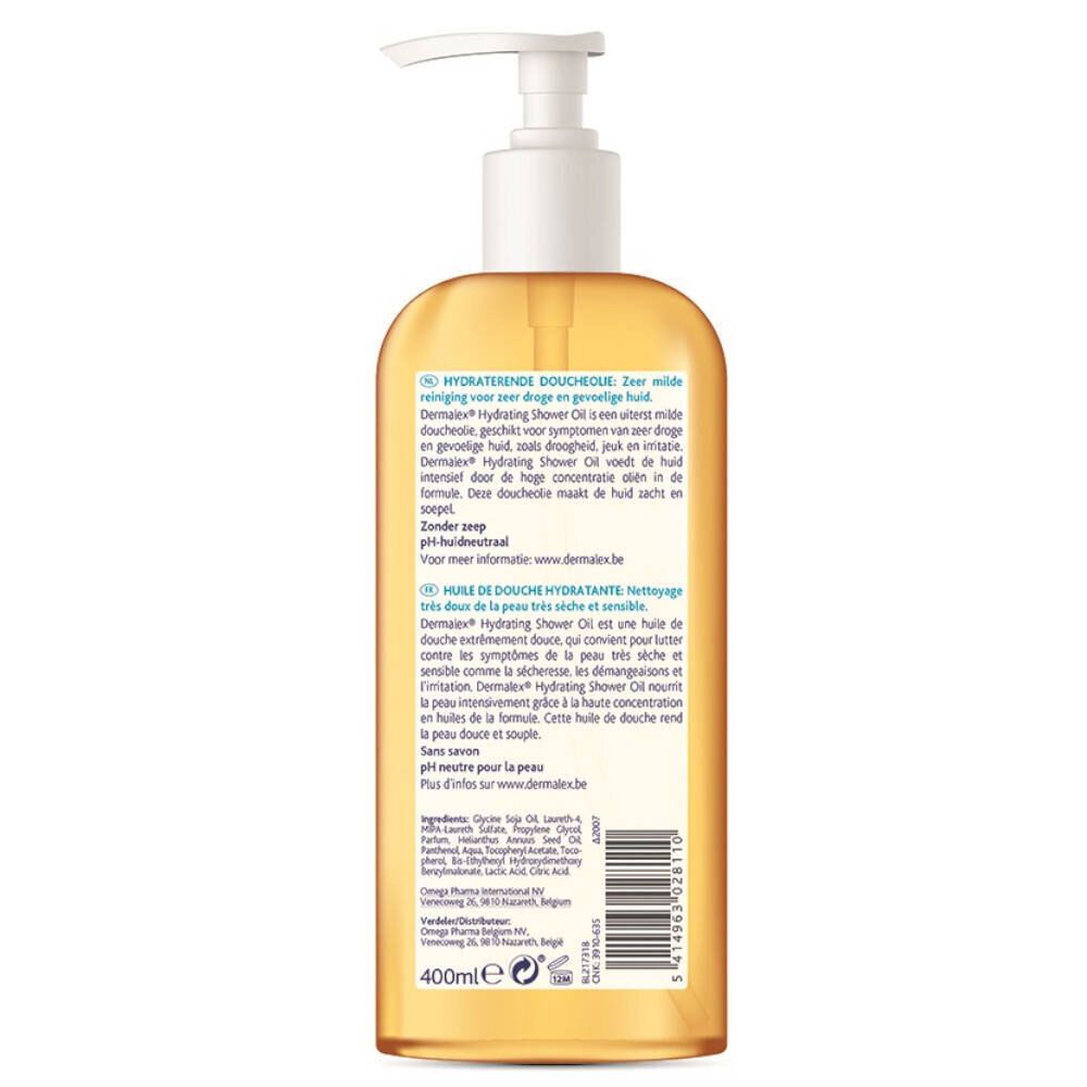 Dos du flacon Dermalex Hydrating Shower Oil. Texte multilingue. Ingrédients et informations.