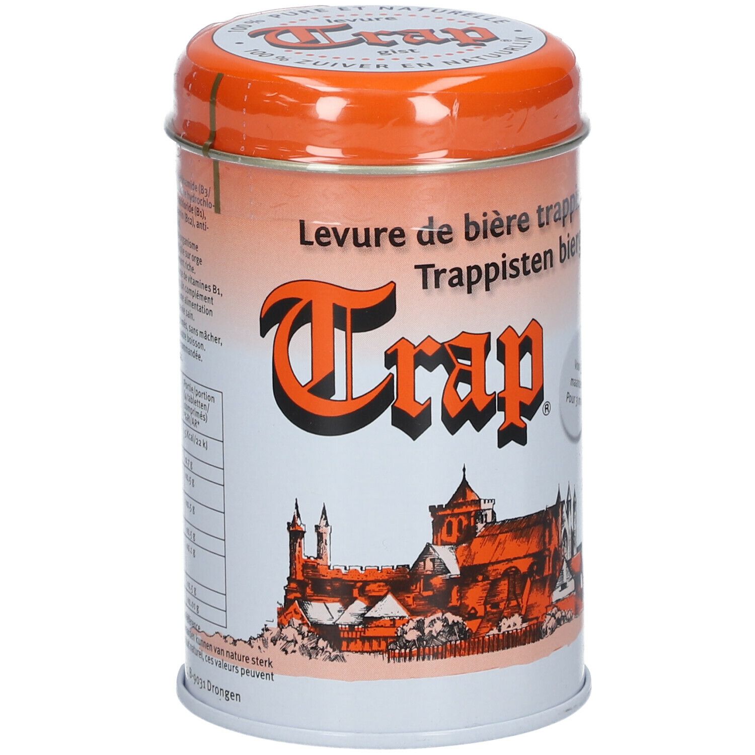 Boîte ronde avec couvercle orange. Inscription : Trap, Levre de biere trappiste, Trappisten biergist. Illustration d'un château.