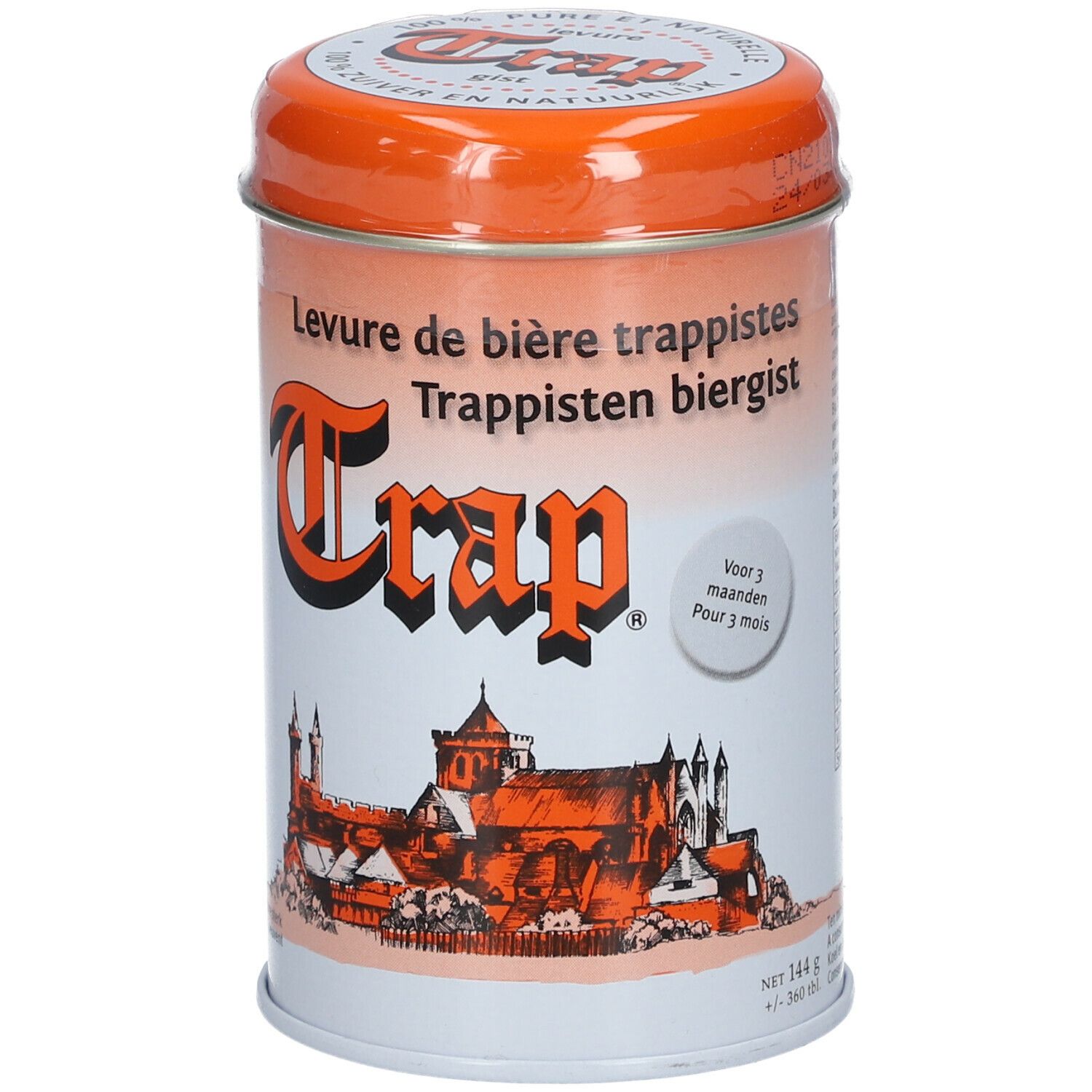 Boîte ronde avec couvercle orange. Inscription : Trap, Levre de biere trappiste, Trappisten biergist. Illustration d'un château. Texte : Pour 3 mois.