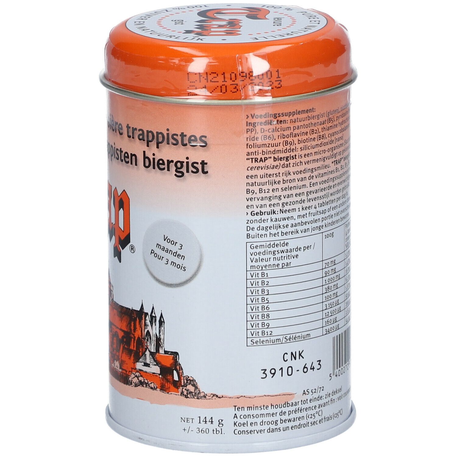 Dos de la boîte. Texte : informations nutritionnelles, ingrédients. Inscription : Levre de biere trappiste, Trappisten biergist. Illustration d'un château. Texte : Pour 3 mois.