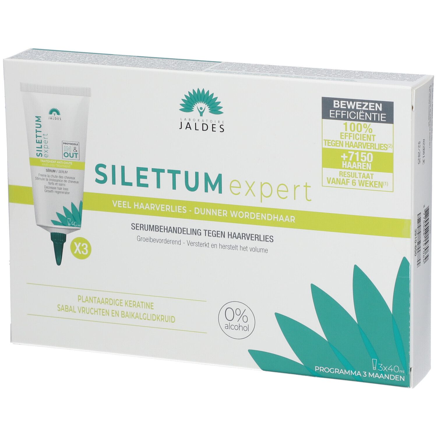 Productverpakking met 3 tubes. Tekst: SILETTUM expert. Tegen haaruitval. Zichtbare resultaten.