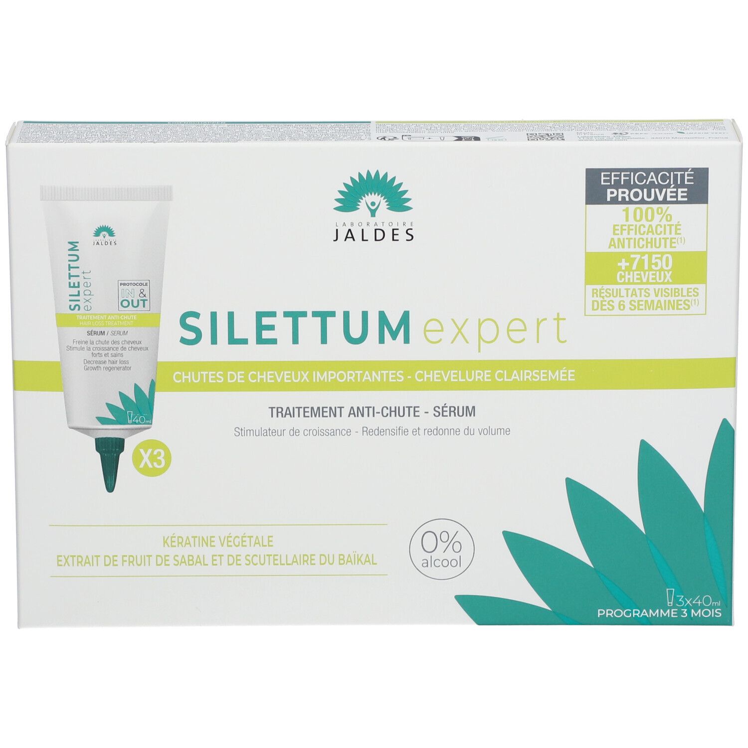 Productverpakking met 3 tubes. Tekst: SILETTUM expert. Tegen haaruitval. Zichtbare resultaten.