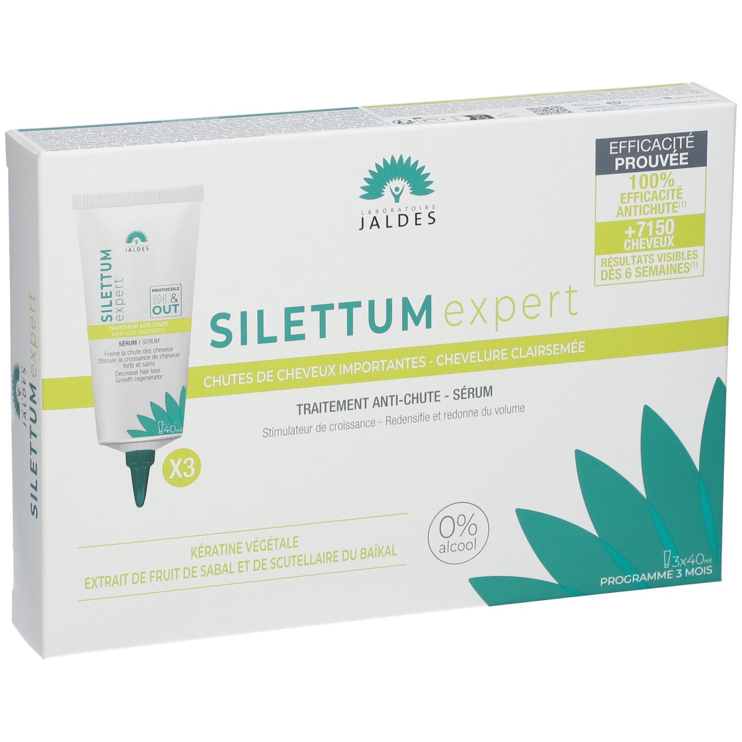 Productverpakking met 3 tubes. Tekst: SILETTUM expert. Tegen haaruitval. Zichtbare resultaten.